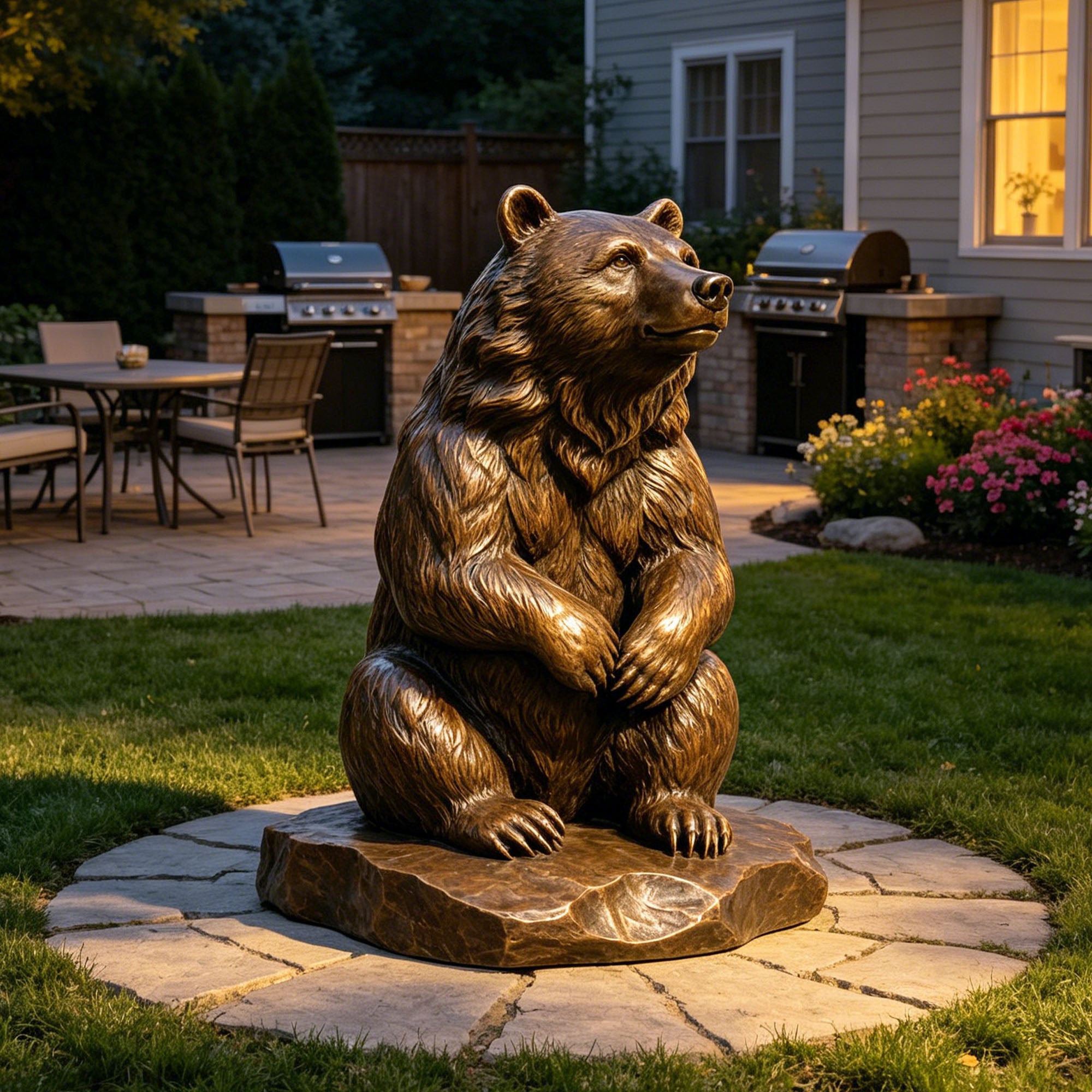 Bronze sitting bear sculpture displayed in a backyard garden with detailed fur texture, calm upward gaze, folded paws, rocky base, and warm aged bronze finish.