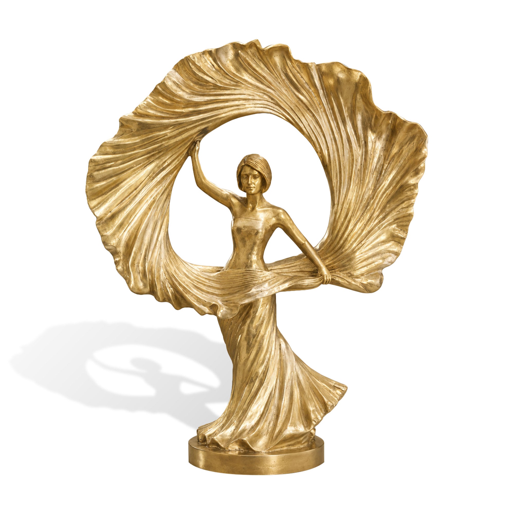 Radiant Muse bronze female sculpture with a halo-inspired circular backdrop, flowing gown details, and antique gold bronze finish, displayed as a luxury figurative statement piece for refined interiors.