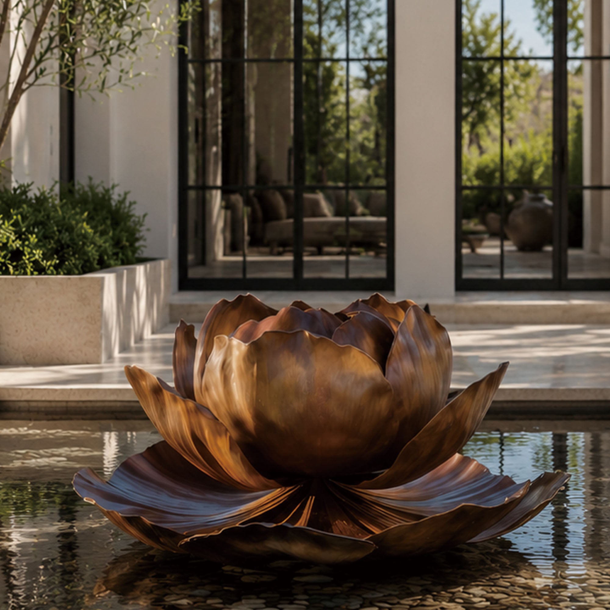 Bronze lotus sculpture displayed in a modern water garden, featuring layered open petals, warm bronze finish, reflective pond setting, and contemporary landscape surroundings.