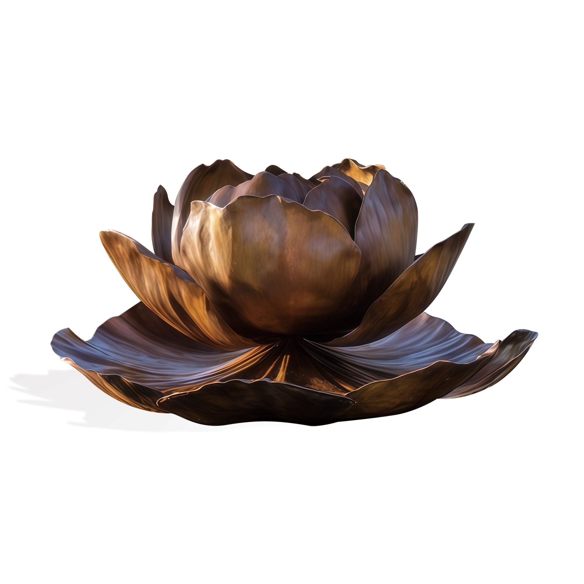 Front view of a bronze lotus flower sculpture on a white background, highlighting layered blooming petals, natural curved edges, and warm antique bronze finish.