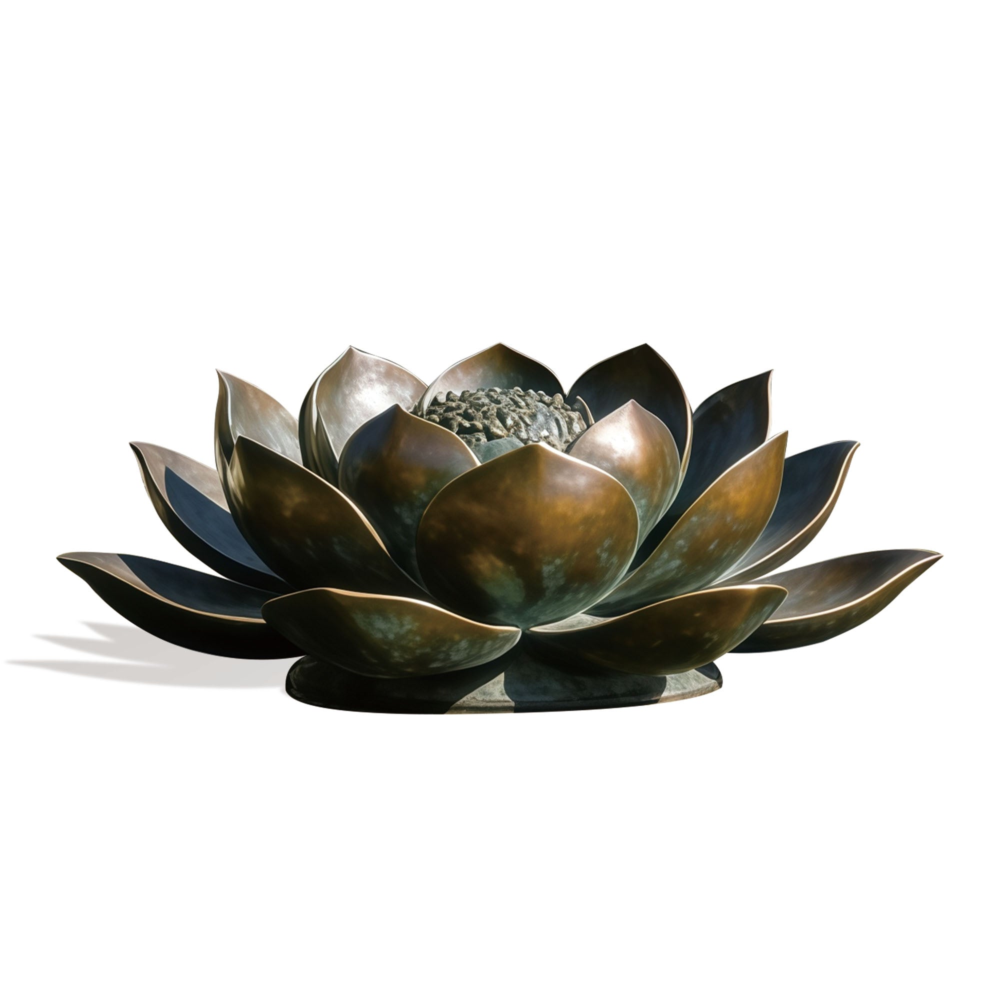 Large bronze lotus flower sculpture with layered open petals and antique bronze patina, designed as a luxury outdoor garden sculpture and decorative water feature for ponds and contemporary landscapes.