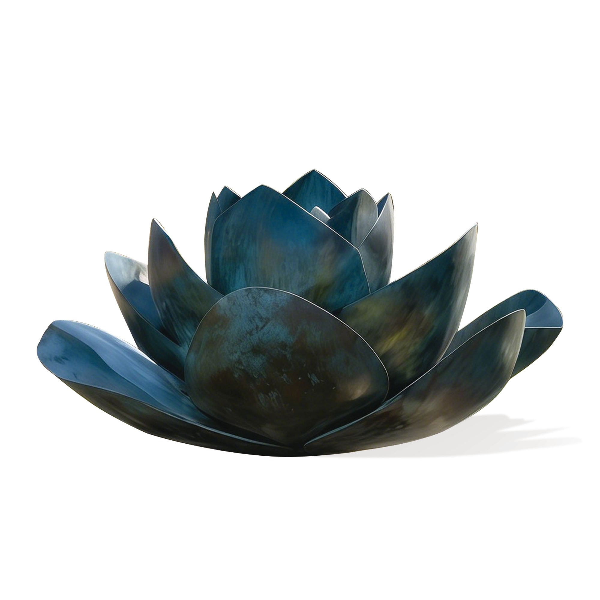 Patina bronze lotus flower sculpture with layered open petals and verdigris finish, crafted as an outdoor lotus garden sculpture and decorative water feature for modern landscapes and ponds.
