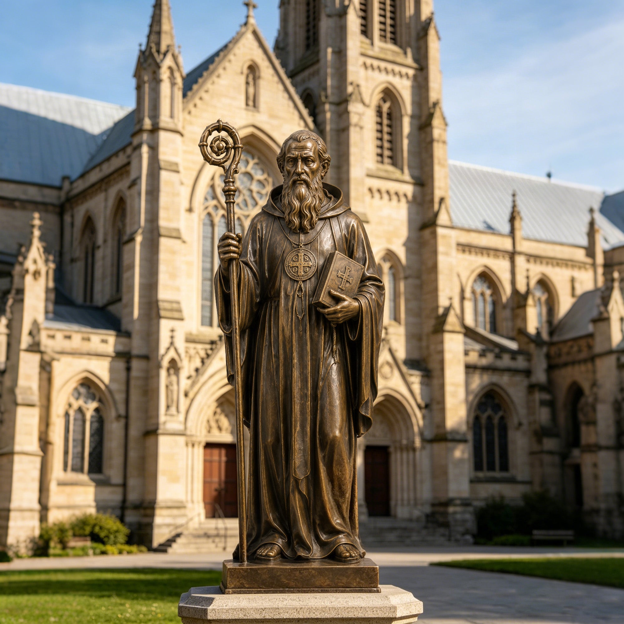 Saint Benedict bronze statue displayed in front of a cathedral, with abbot staff, Saint Benedict medal, book, long monastic robe, and antique bronze finish for Catholic church spaces