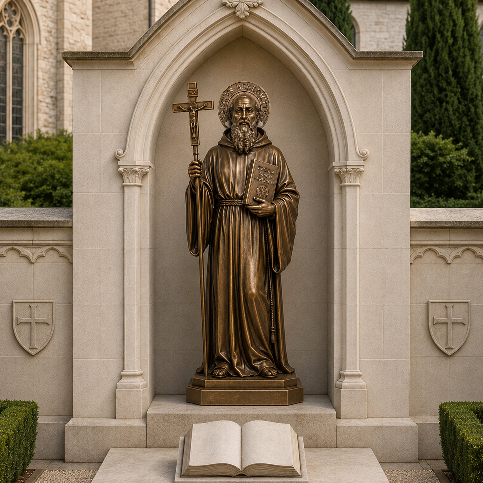 Saint Benedict bronze statue installed in a church-style stone niche, featuring crucifix, Rule of Saint Benedict book, inscribed halo, and antique bronze finish for Catholic sacred spaces