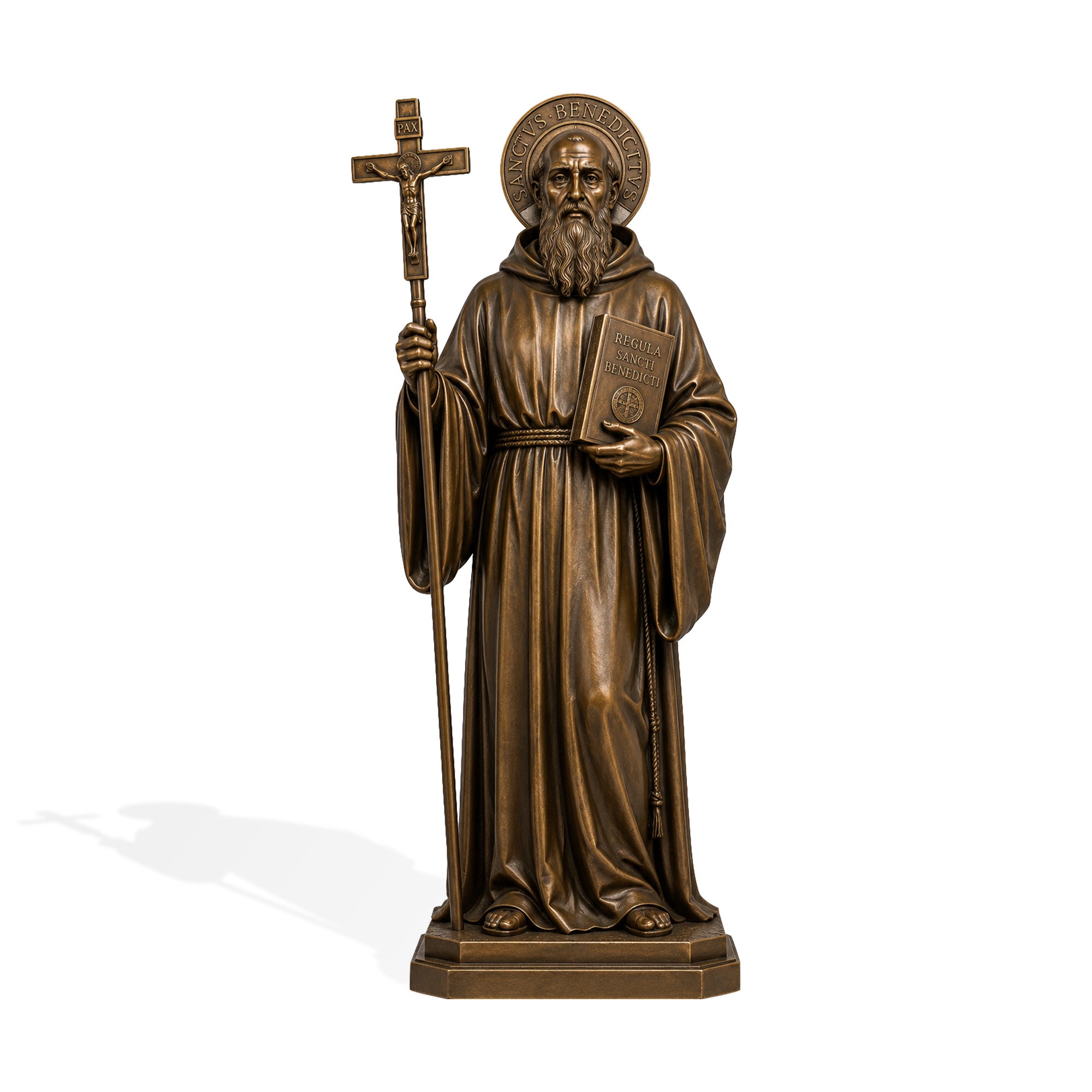 Saint Benedict bronze statue holding a crucifix and Rule of Saint Benedict book, with inscribed halo, monastic robe, antique bronze finish, and pedestal base on white background