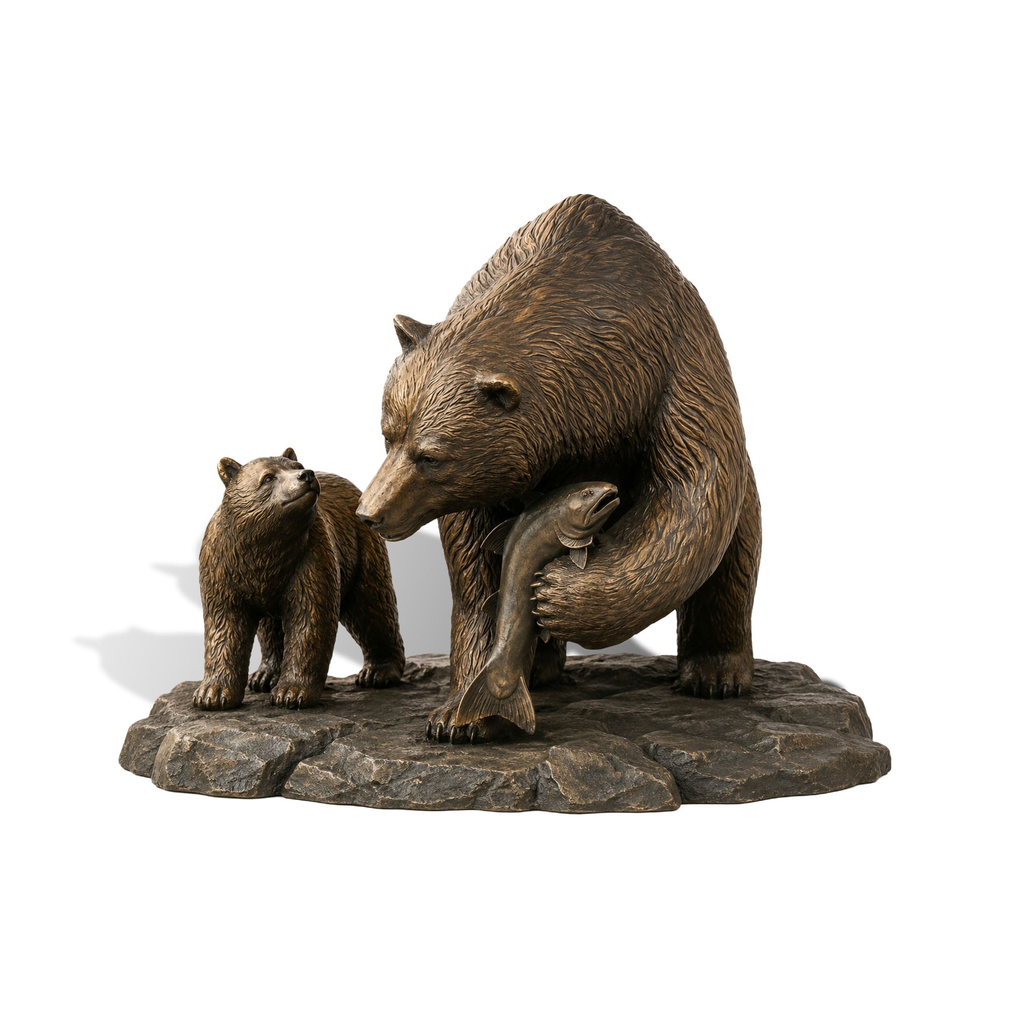 Bronze bear and cub sculpture featuring a mother bear carrying a fish beside her curious cub with an antique bronze finish.