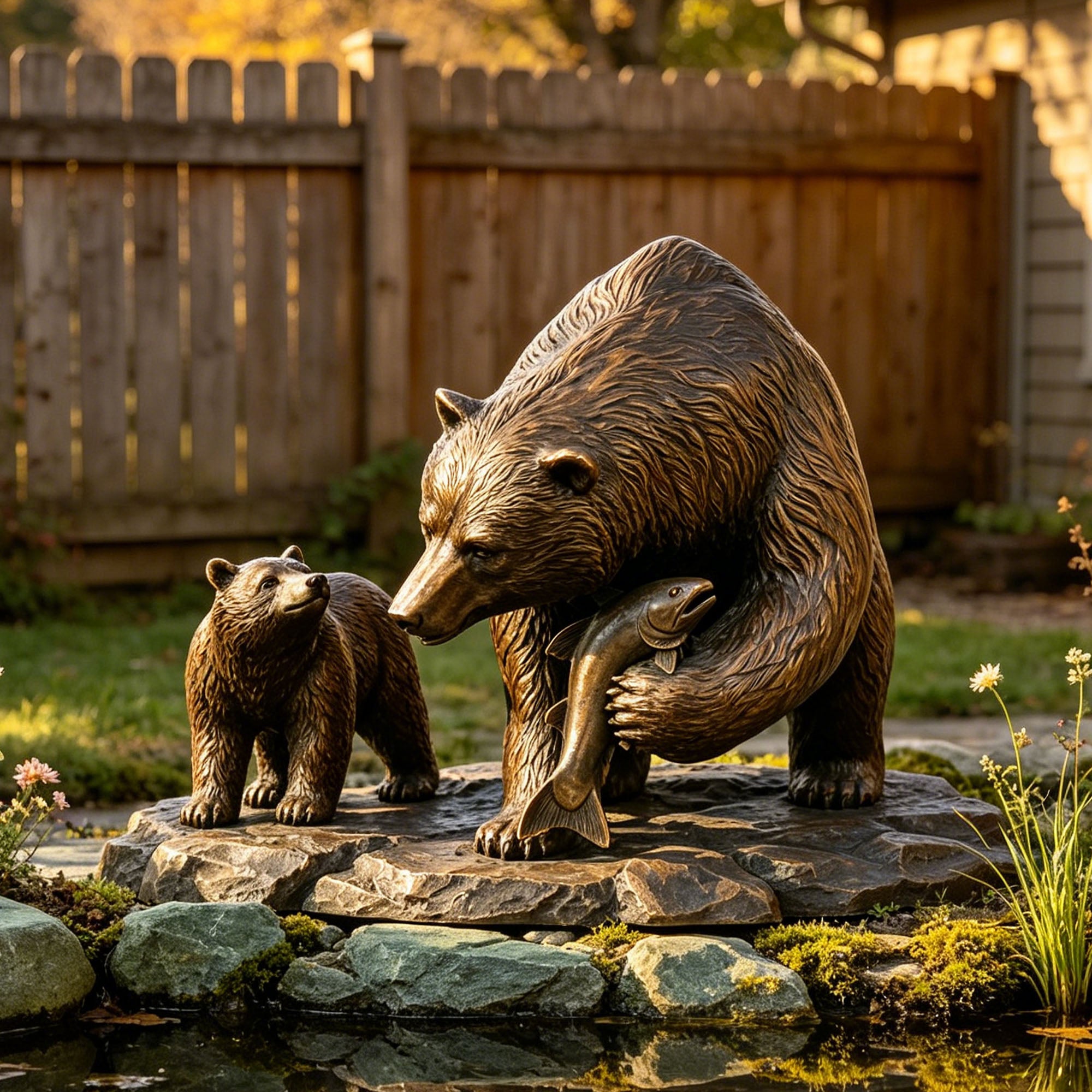 Bronze bear and cub wildlife sculpture displayed in a natural garden landscape, symbolizing family, protection, and the enduring bond between mother and cub.