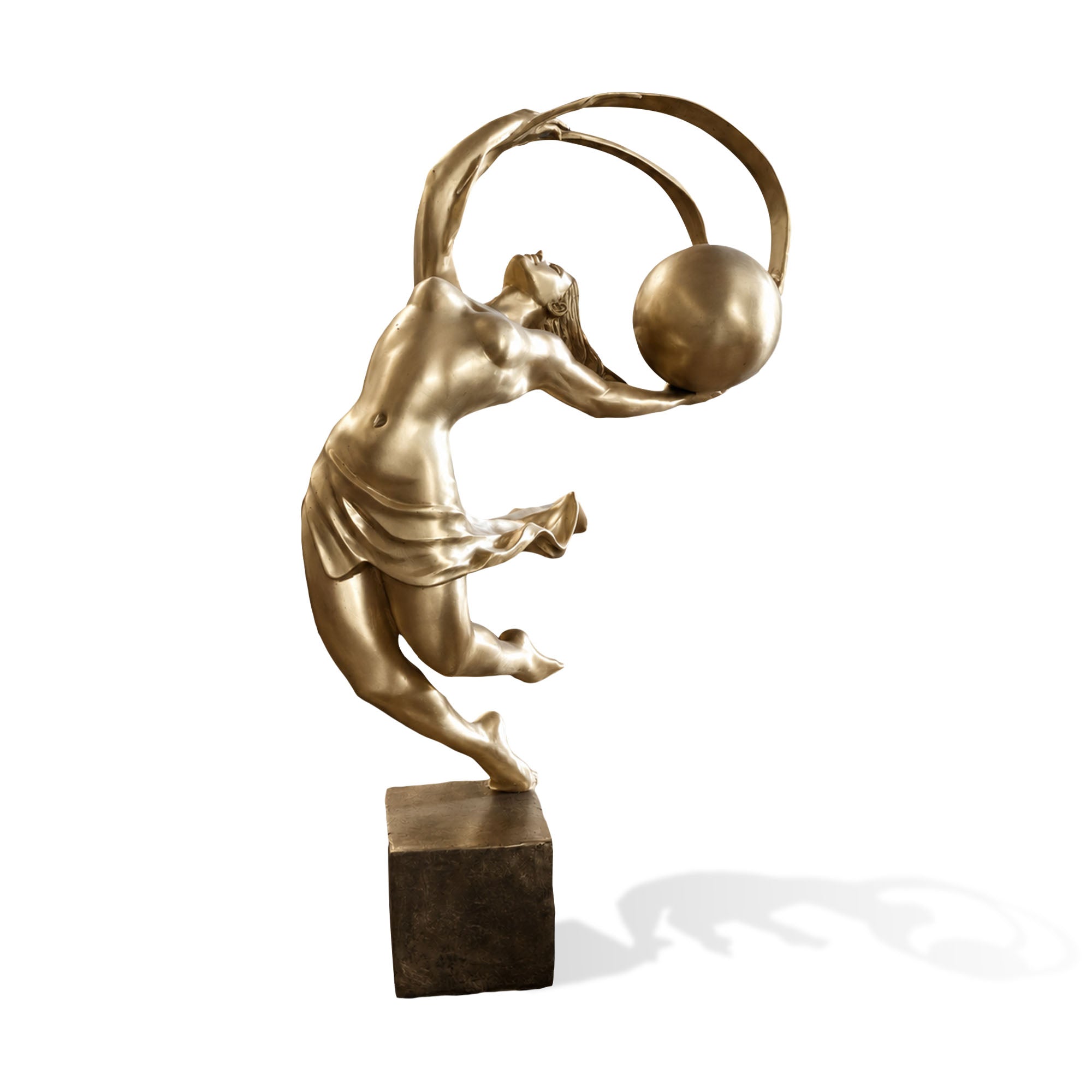 Celestial Balance bronze female figurative sculpture with flowing circular form and antique gold finish.