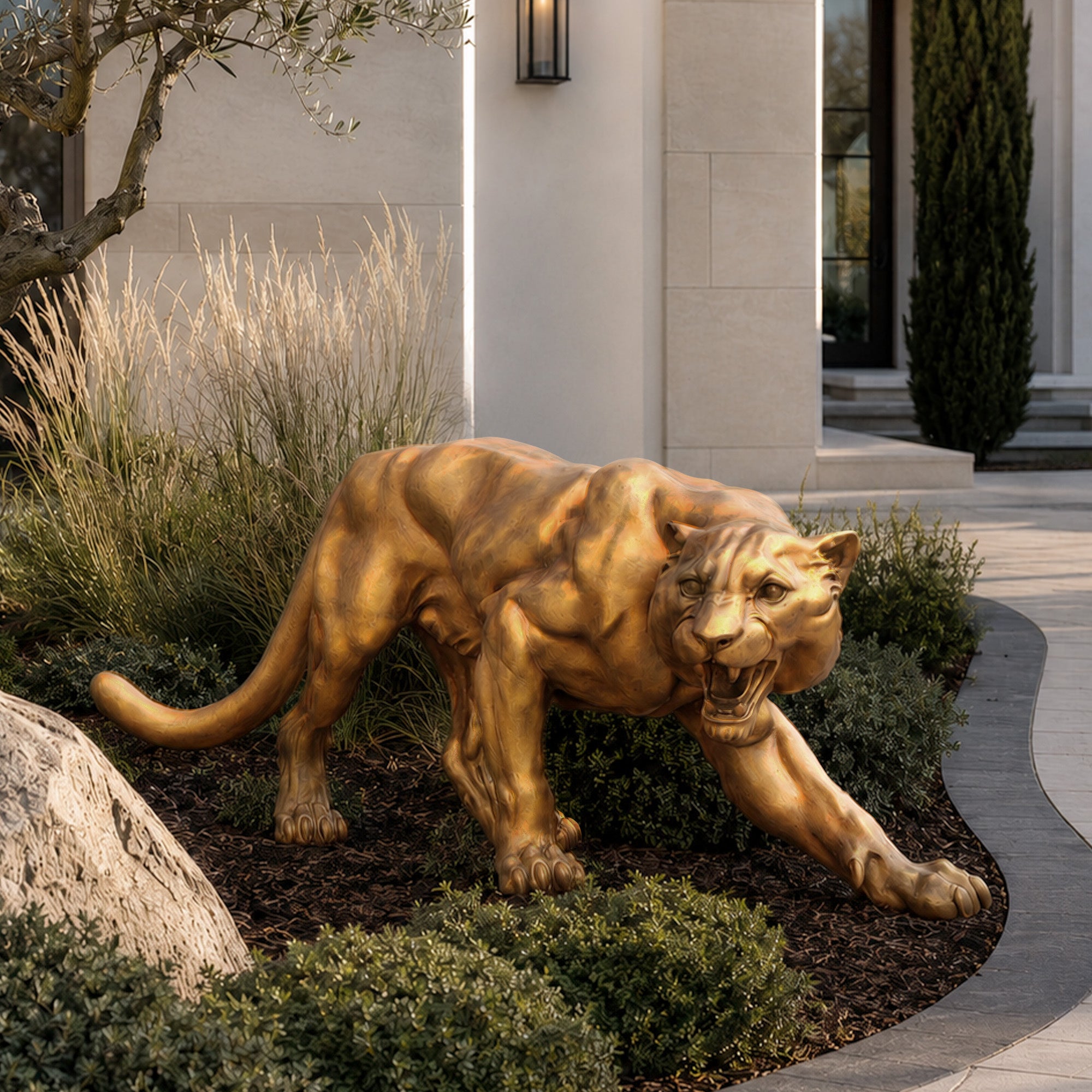 Golden bronze zodiac tiger sculpture displayed in a landscaped garden beside a villa entrance with a roaring expression, extended paw, muscular body, and curved tail.