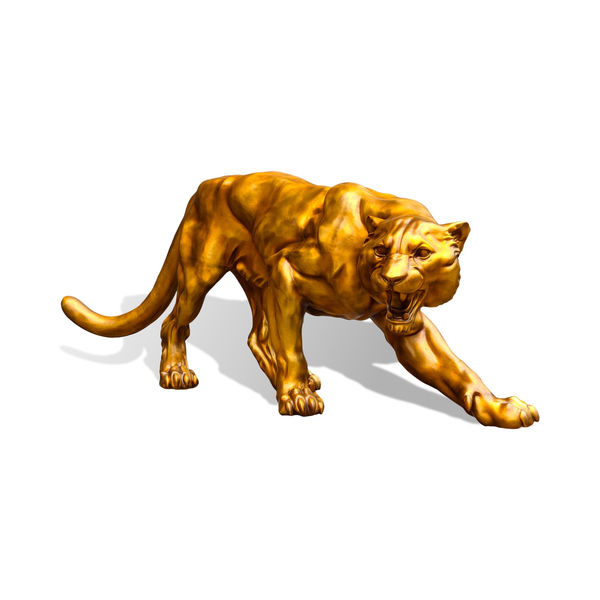 Front view of a golden bronze tiger sculpture with Chinese zodiac symbolism, roaring mouth, stretched front leg, detailed paws, muscular body, and curved tail on a white background.