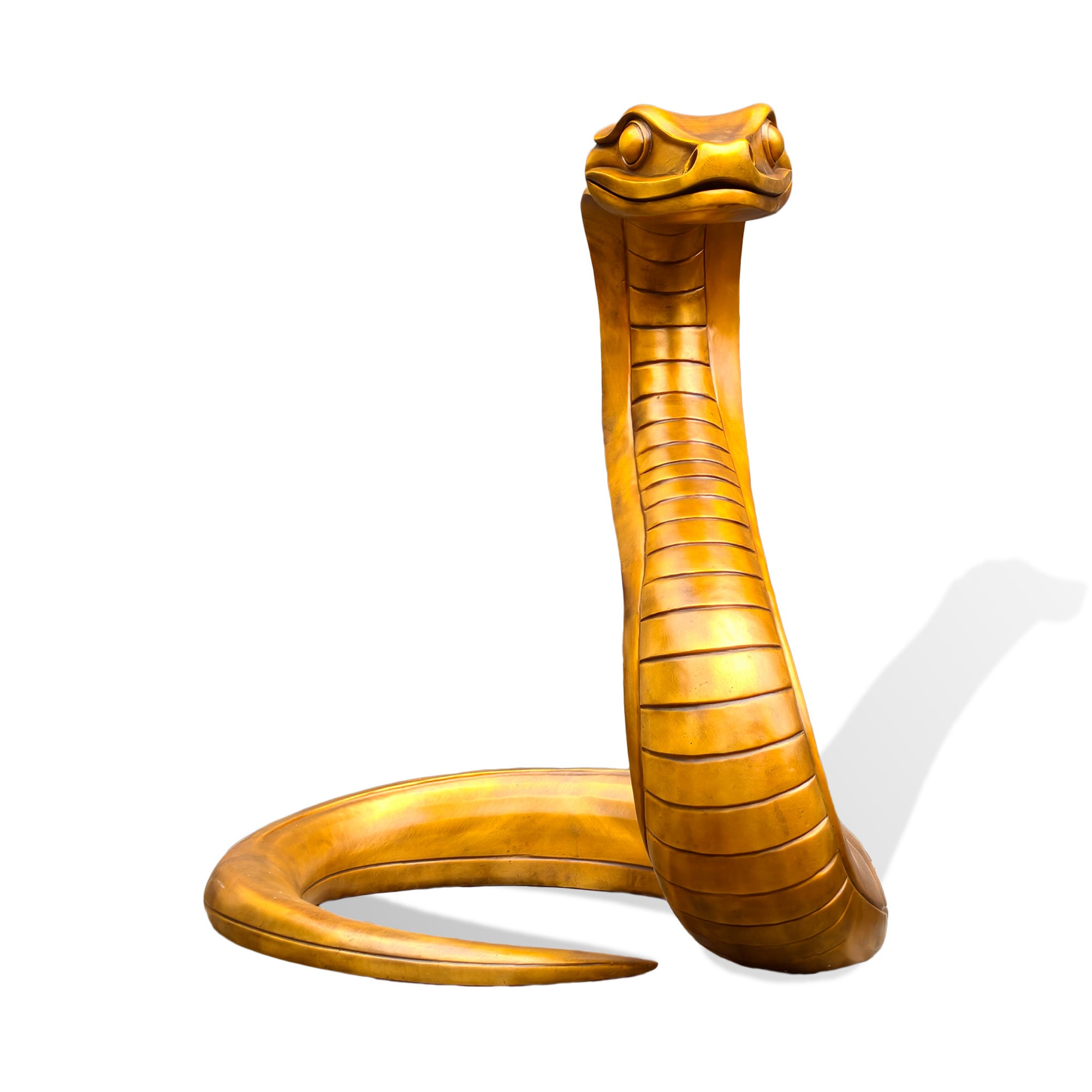 Front view of a golden bronze snake sculpture with Chinese zodiac symbolism, upright cobra-inspired posture, rounded eyes, segmented front body, and coiled tail on a white background.