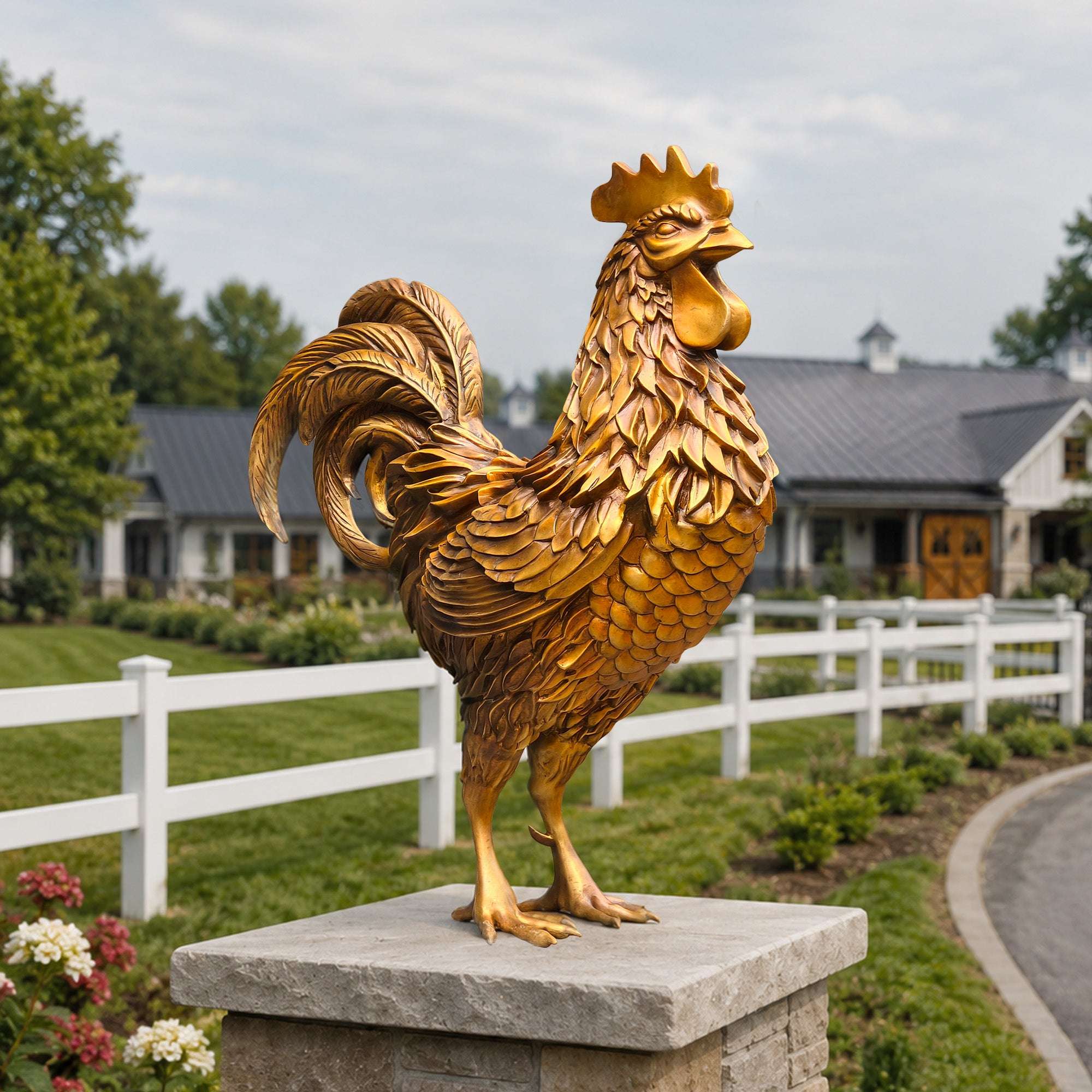 Golden bronze zodiac rooster statue displayed near a rustic wooden barn with detailed feather texture, proud standing pose, curved tail feathers, and countryside landscape background.