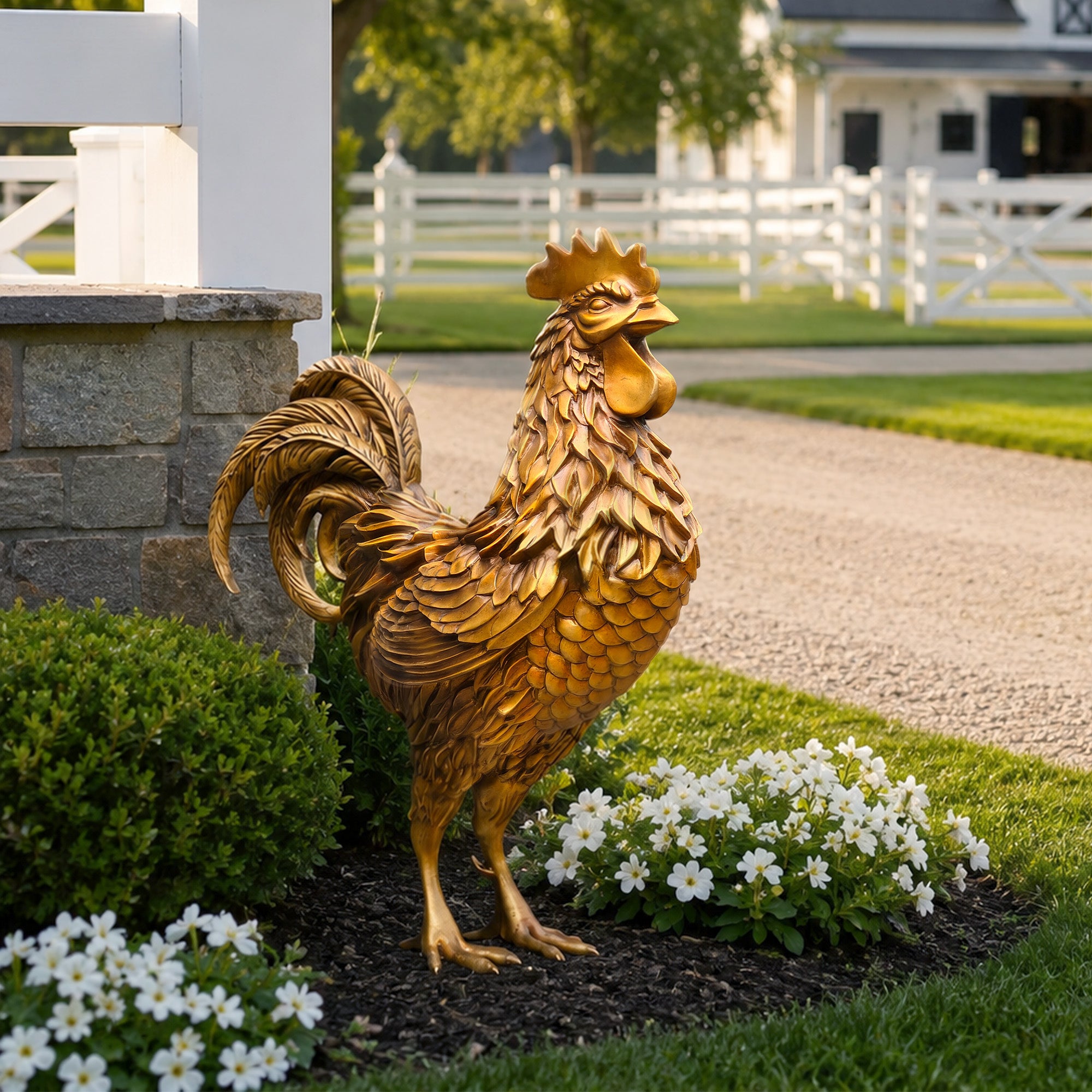 Golden bronze zodiac rooster sculpture displayed in a landscaped garden beside a stone wall, white flowers, lawn, and farm-style fencing.