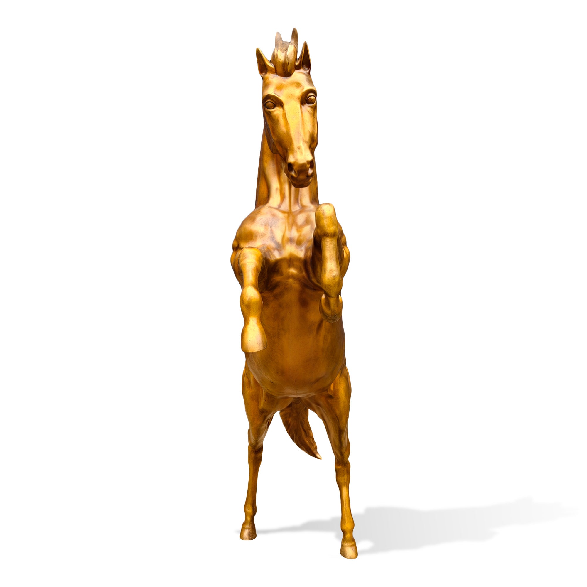 Front view of a golden bronze rearing horse sculpture standing on its hind legs with raised front hooves, detailed head, muscular chest, and dynamic upright posture on a white background.