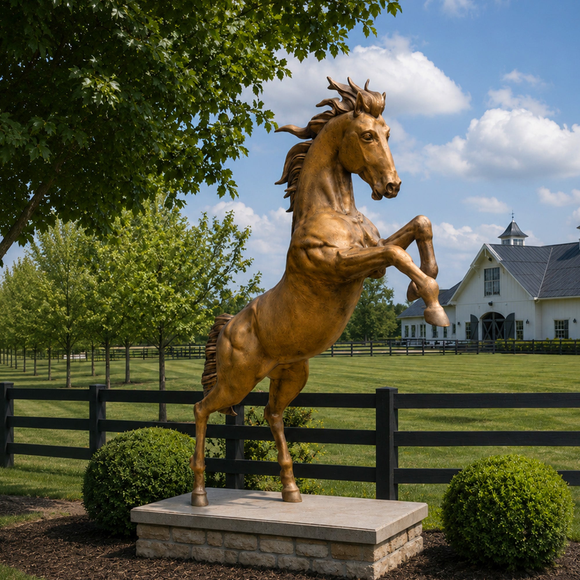 Golden bronze rearing horse sculpture displayed on a stone pedestal in a ranch landscape with raised front legs, flowing mane, muscular body, and countryside stable background.
