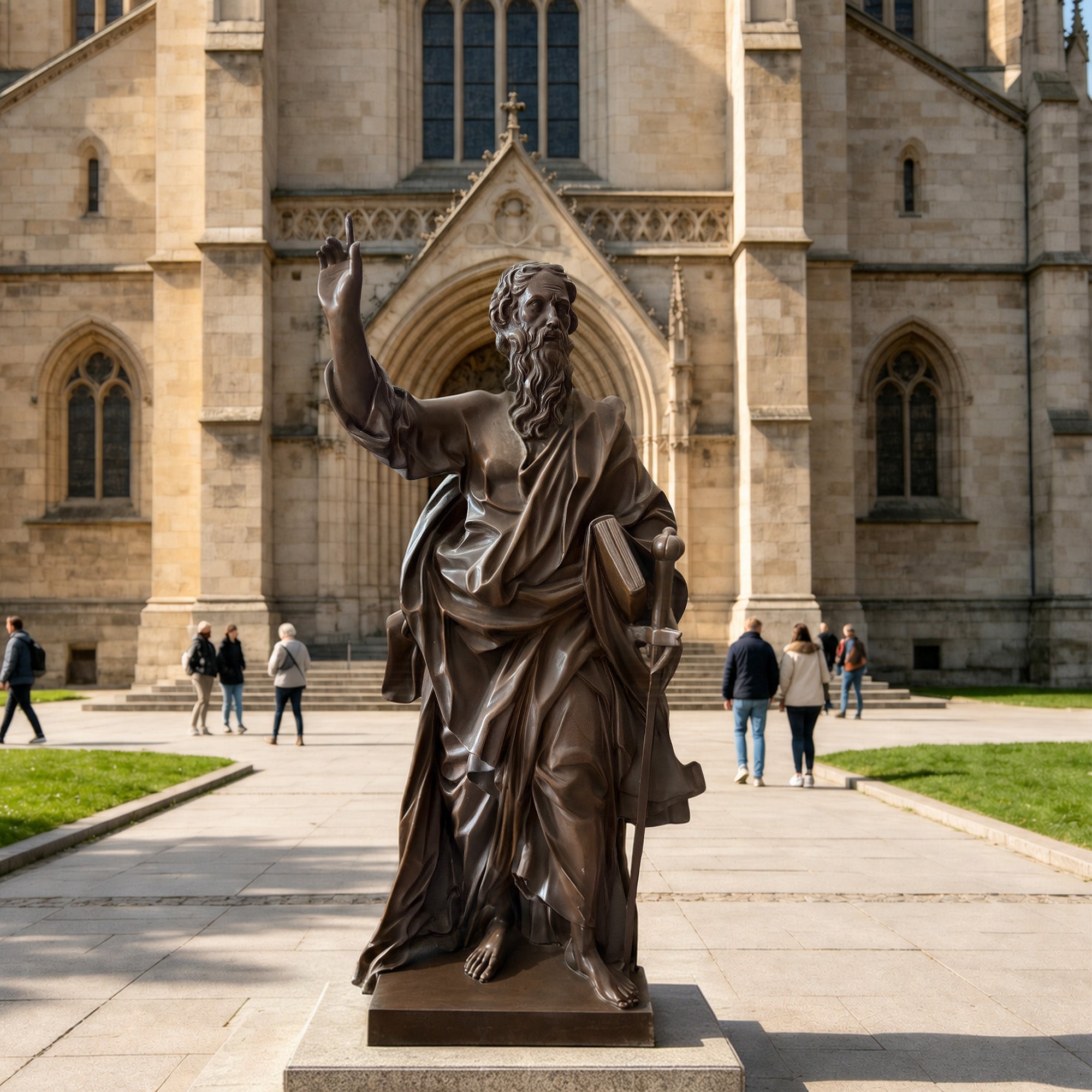 Bronze Saint Paul Apostle sculpture displayed in front of a church entrance with raised hand, book, sword, flowing robe, and classic Christian religious symbolism.