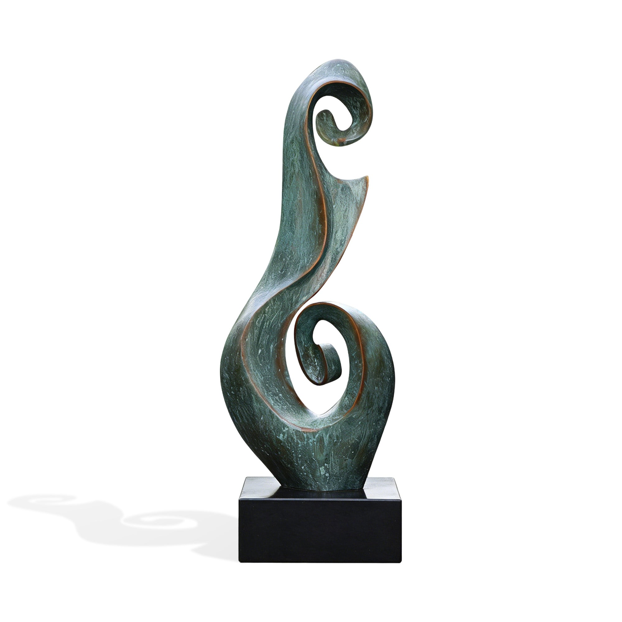 Front view of a verdigris bronze abstract scroll sculpture with tall curling forms, flowing open curves, aged green surface, and black rectangular base on a white background.