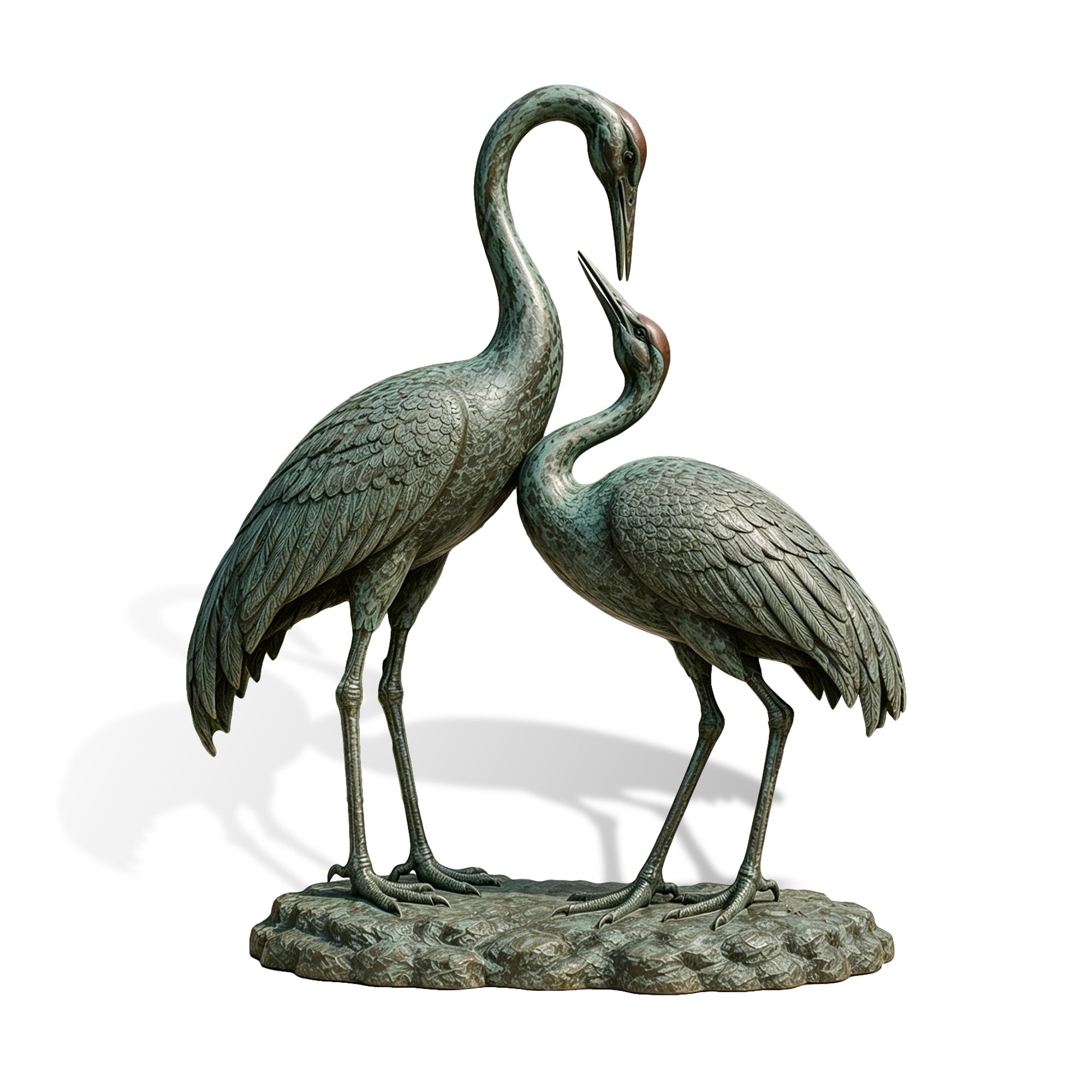 Verdigris bronze crane garden sculpture featuring two long-necked cranes facing each other on a textured natural base.