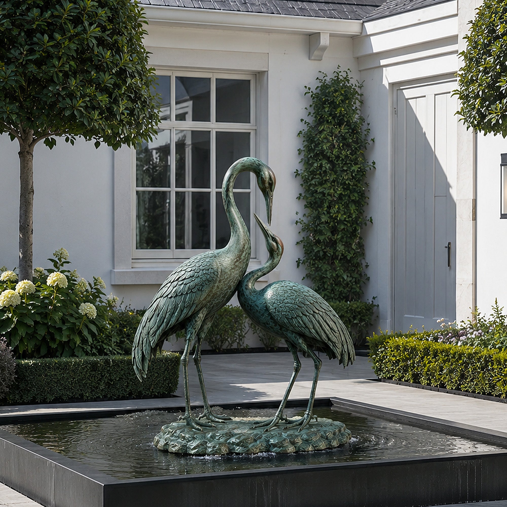 Bronze crane pair fountain sculpture with green patina finish, featuring two elegant birds on a rocky base for garden pond or courtyard decor.