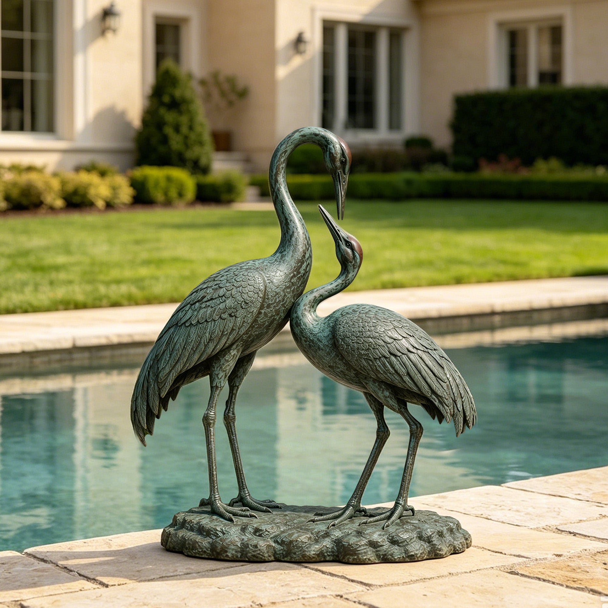 Outdoor bronze crane statue pair displayed beside a pool, with realistic feather details and verdigris patina for luxury garden decor.