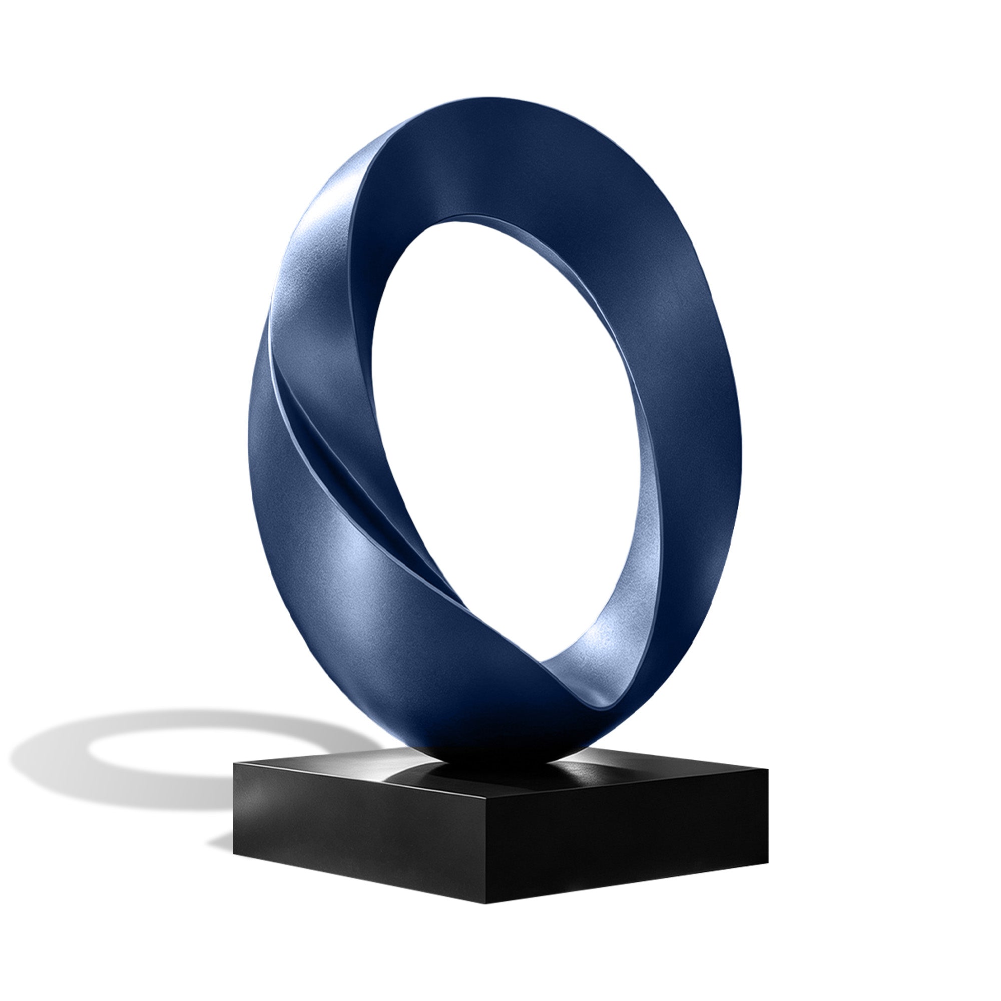 Large blue abstract metal ring sculpture with a smooth twisted circular design on a pedestal, handcrafted contemporary artwork for gardens, commercial landscapes, and public art installations.