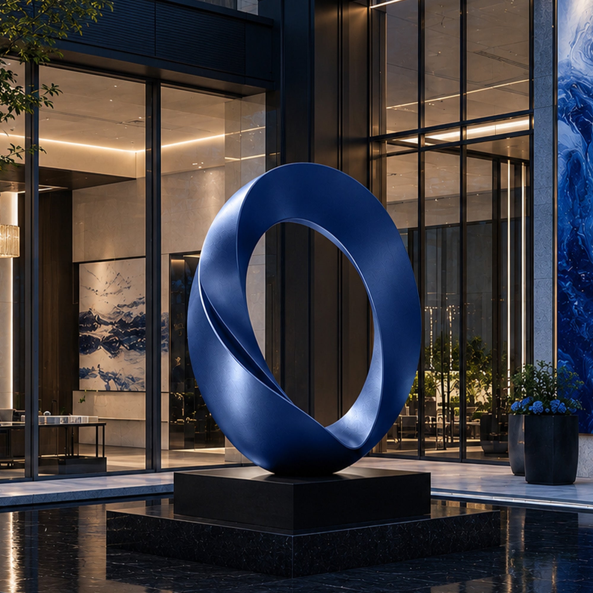 Large blue abstract ring sculpture installed in a luxury outdoor plaza, enhancing modern architecture with a contemporary metal artwork for hotels, corporate campuses, and public spaces.