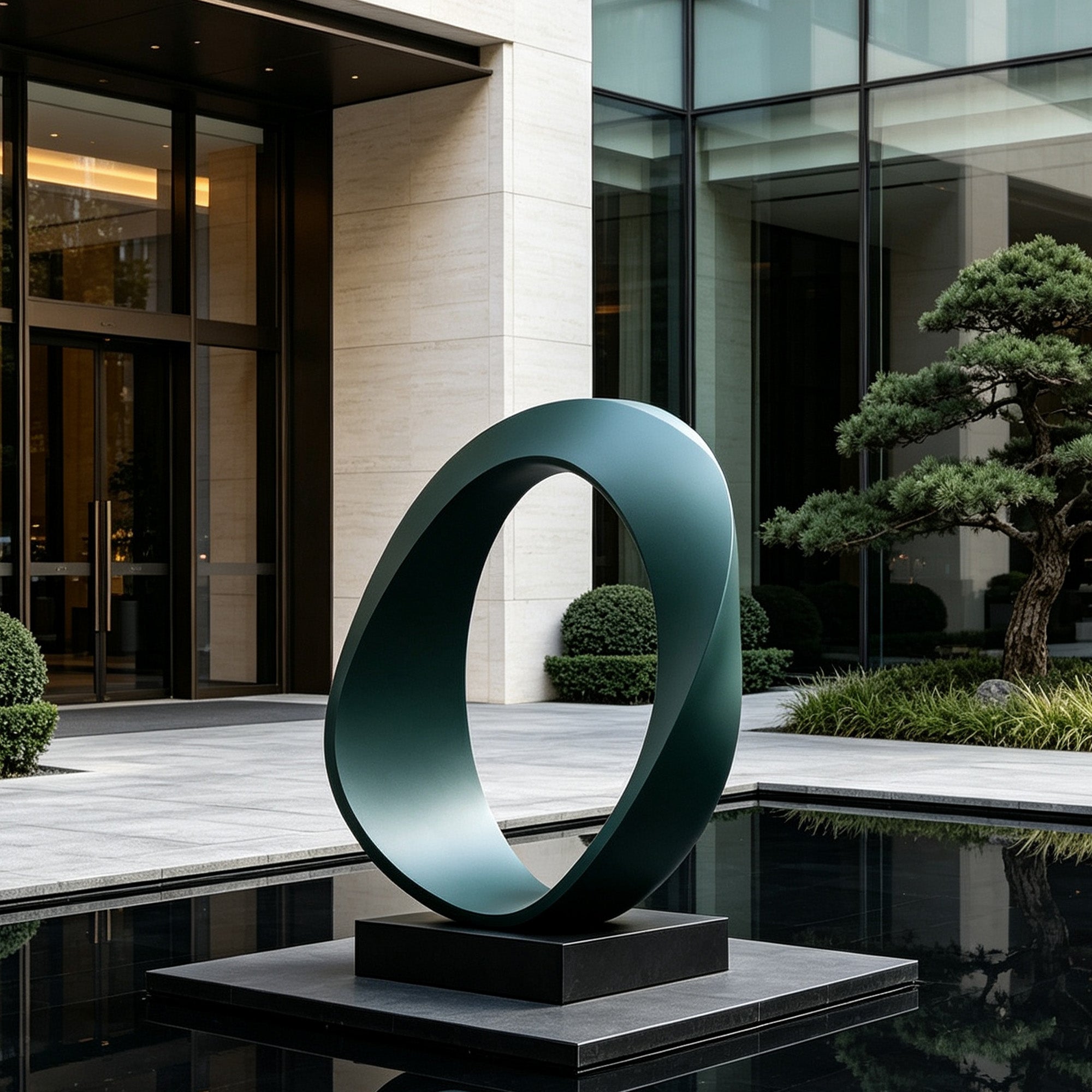 Large modern green abstract ring sculpture installed beside a reflecting pool in a contemporary commercial landscape, creating a striking focal point for office buildings, hotels, and public plazas.