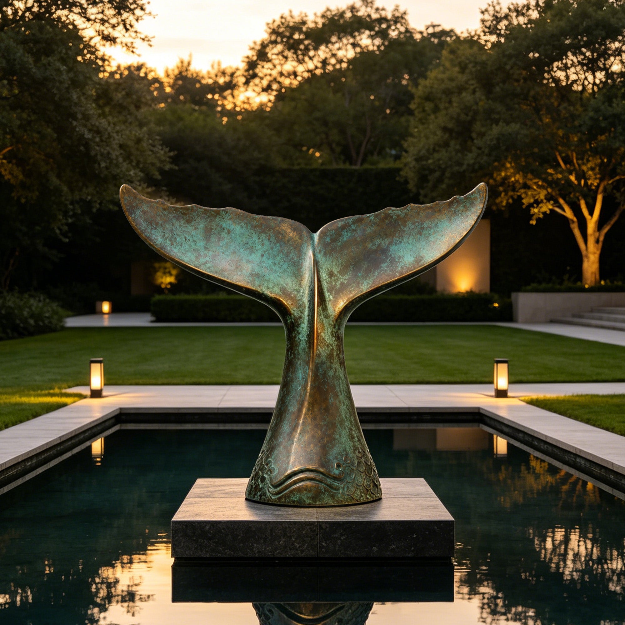 Bronze whale tail sculpture displayed on a pedestal in a reflecting pool, with verdigris patina finish, wide marine fluke shape, and luxury garden water feature setting