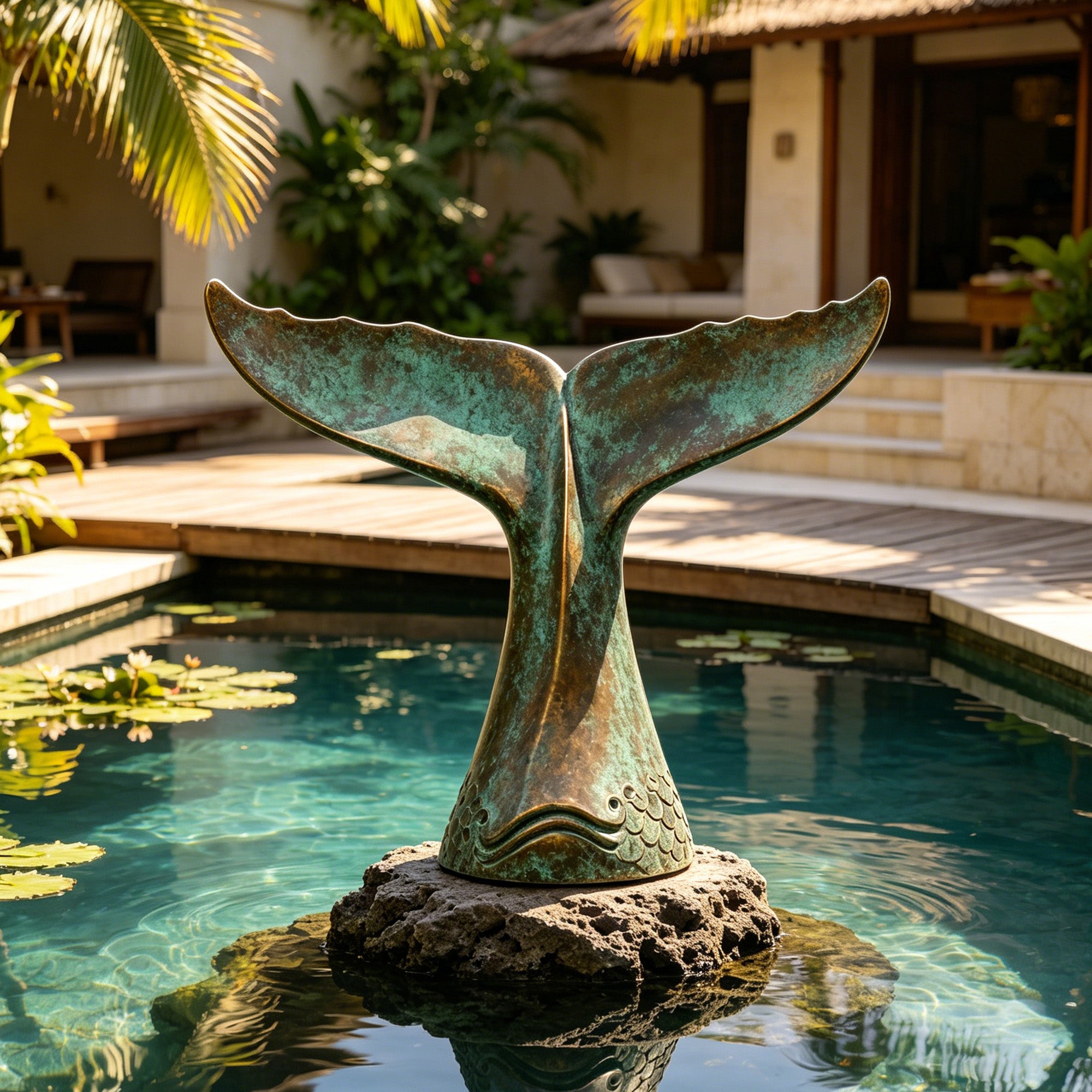 Bronze fish tail sculpture installed on a rock in a tropical garden pond, featuring blue-green patina, wide tail fin, water reflection, and resort-style outdoor decor