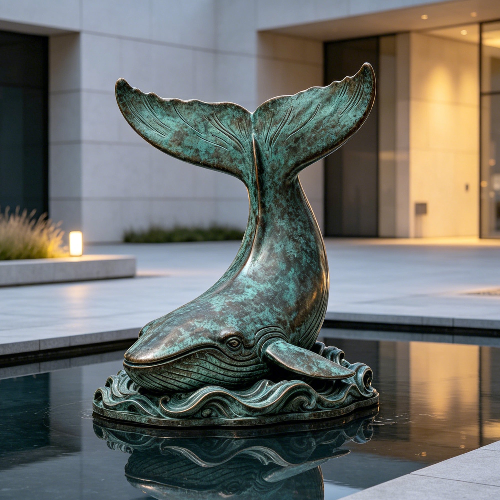 Bronze whale sculpture installed in a modern water feature, featuring upright whale tail, ocean wave base, green verdigris patina, and outdoor courtyard decor