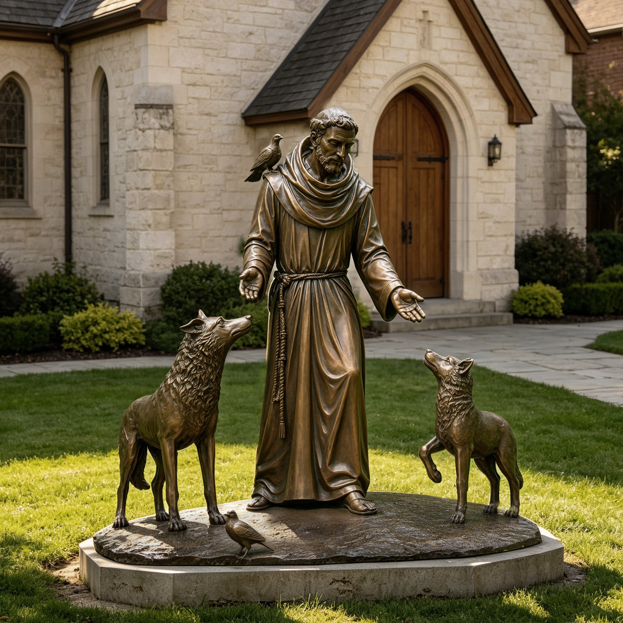 Saint Francis of Assisi bronze statue installed in a church garden, featuring the saint with open hands, two wolves, birds, monastic robe, antique bronze finish, and outdoor religious landscape setting