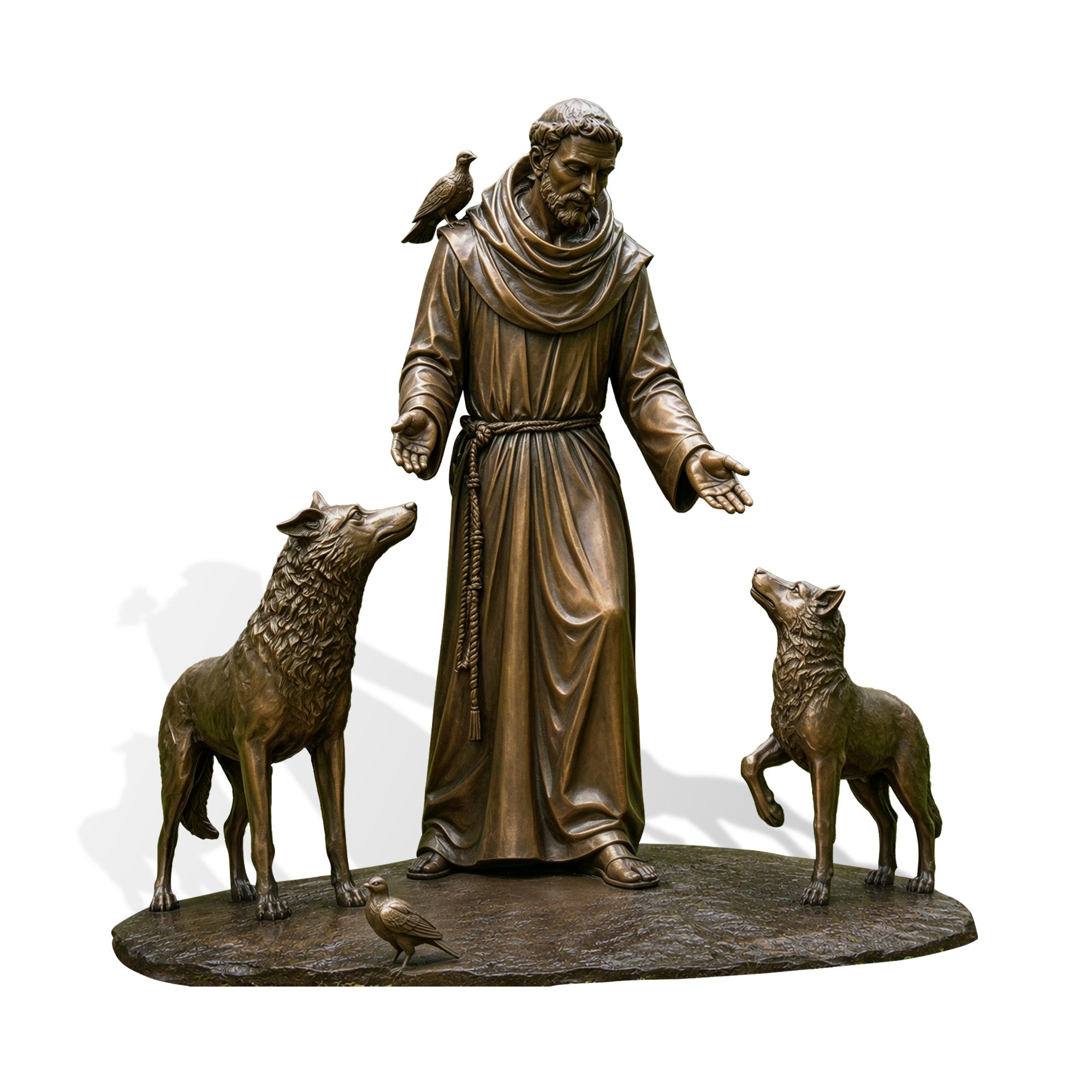 Saint Francis of Assisi bronze statue with wolves and birds, showing the patron saint of animals in a monastic robe with open hands, detailed animal figures, and antique bronze finish on white background