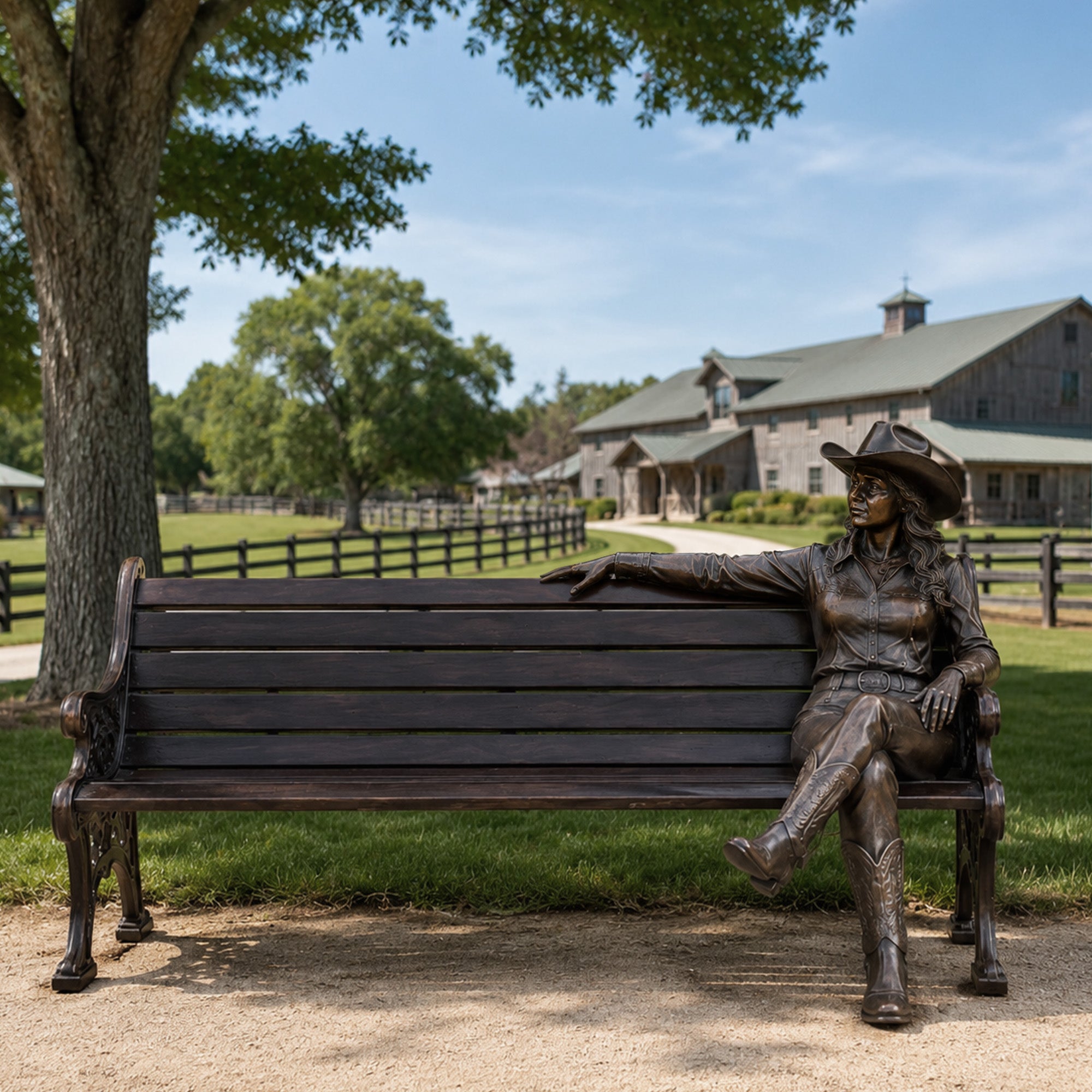 Bronze cowgirl bench sculpture installed on an outdoor ranch lawn, featuring seated western woman statue with cowboy hat, boots, crossed legs, wooden-style bench, and pasture landscape setting