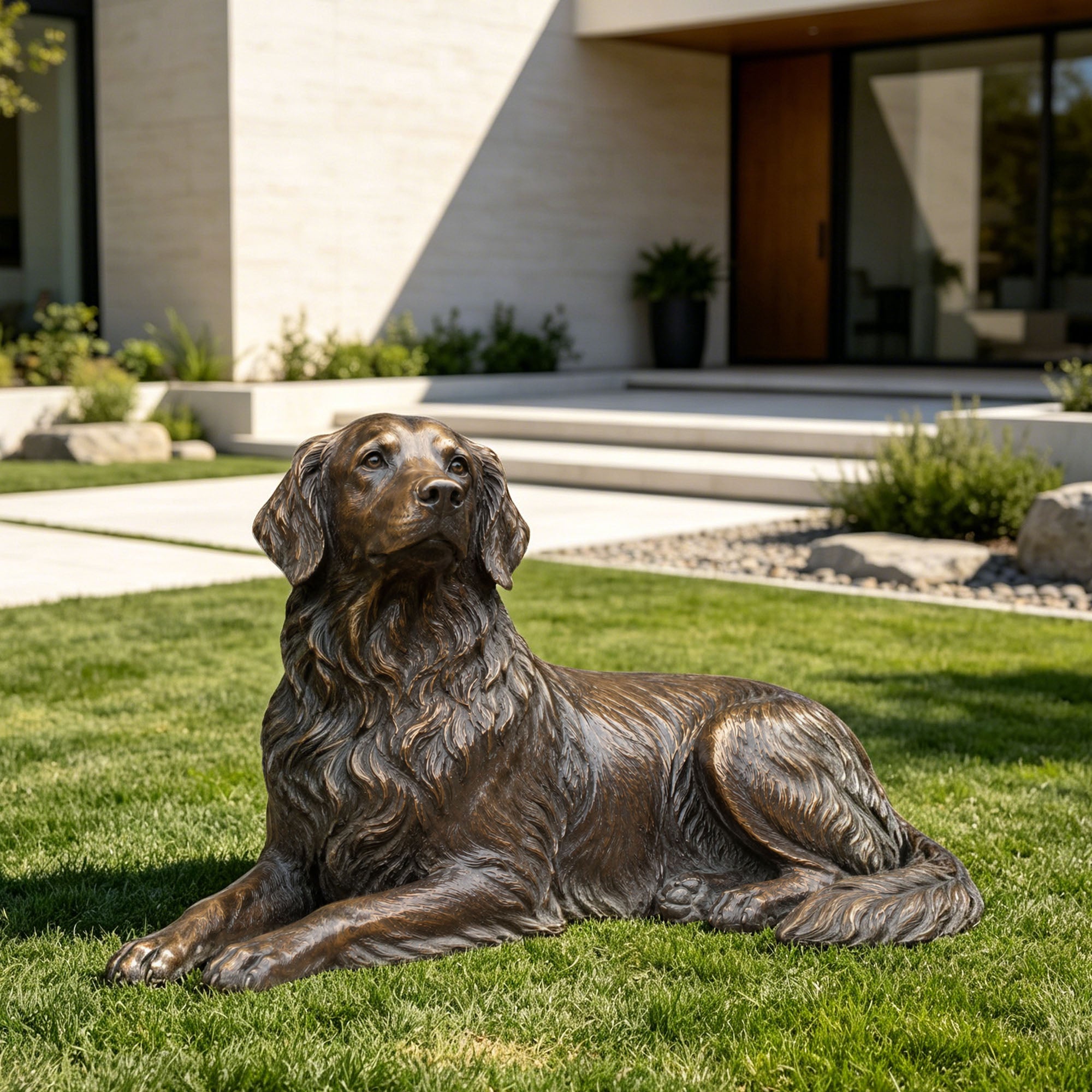 Life size bronze golden retriever dog statue displayed on a residential lawn, realistic handcrafted animal sculpture with detailed fur texture for outdoor garden decoration