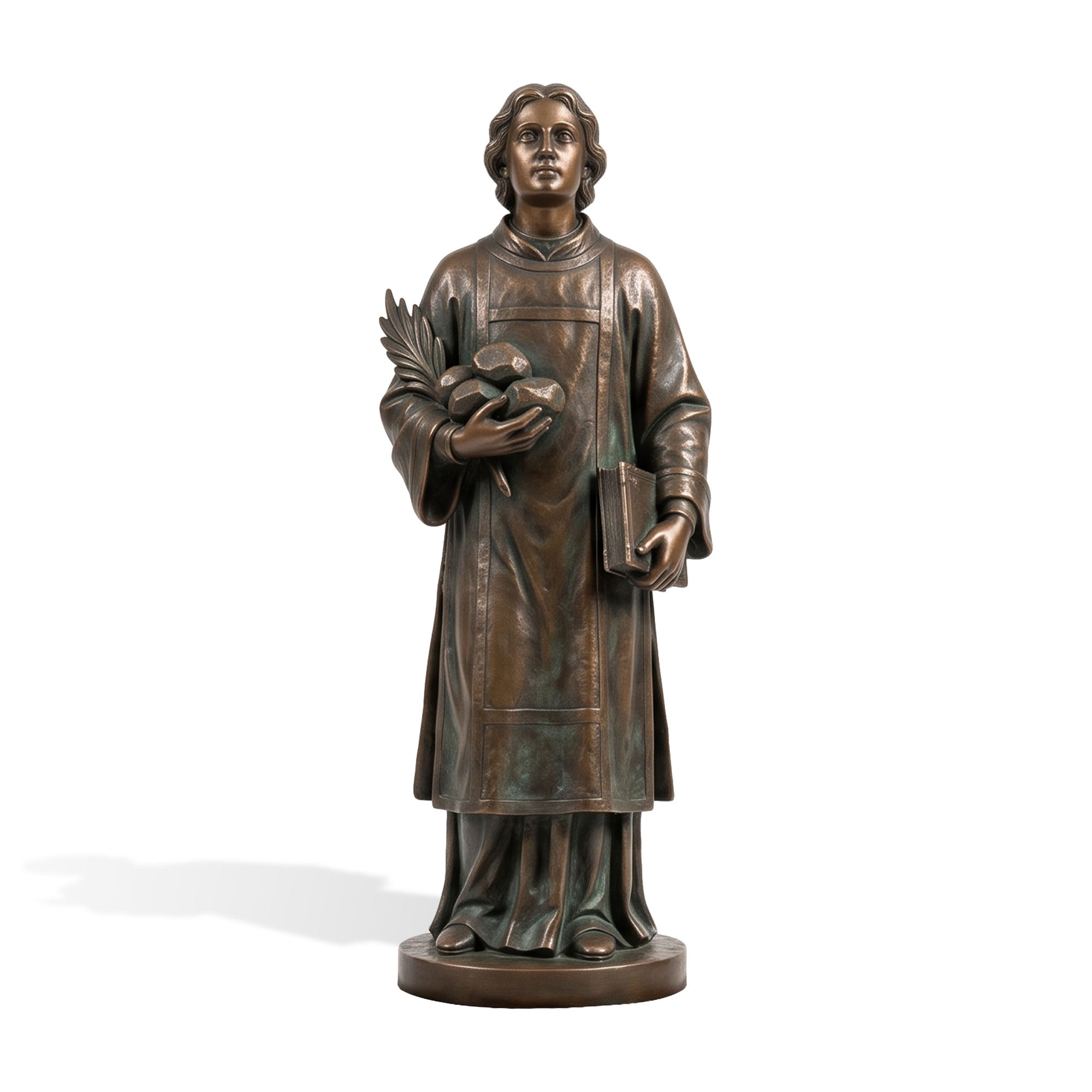 Life size bronze religious figure statue displayed in front of a church garden, realistic handcrafted metal sculpture with detailed robe texture and classic architectural decoration