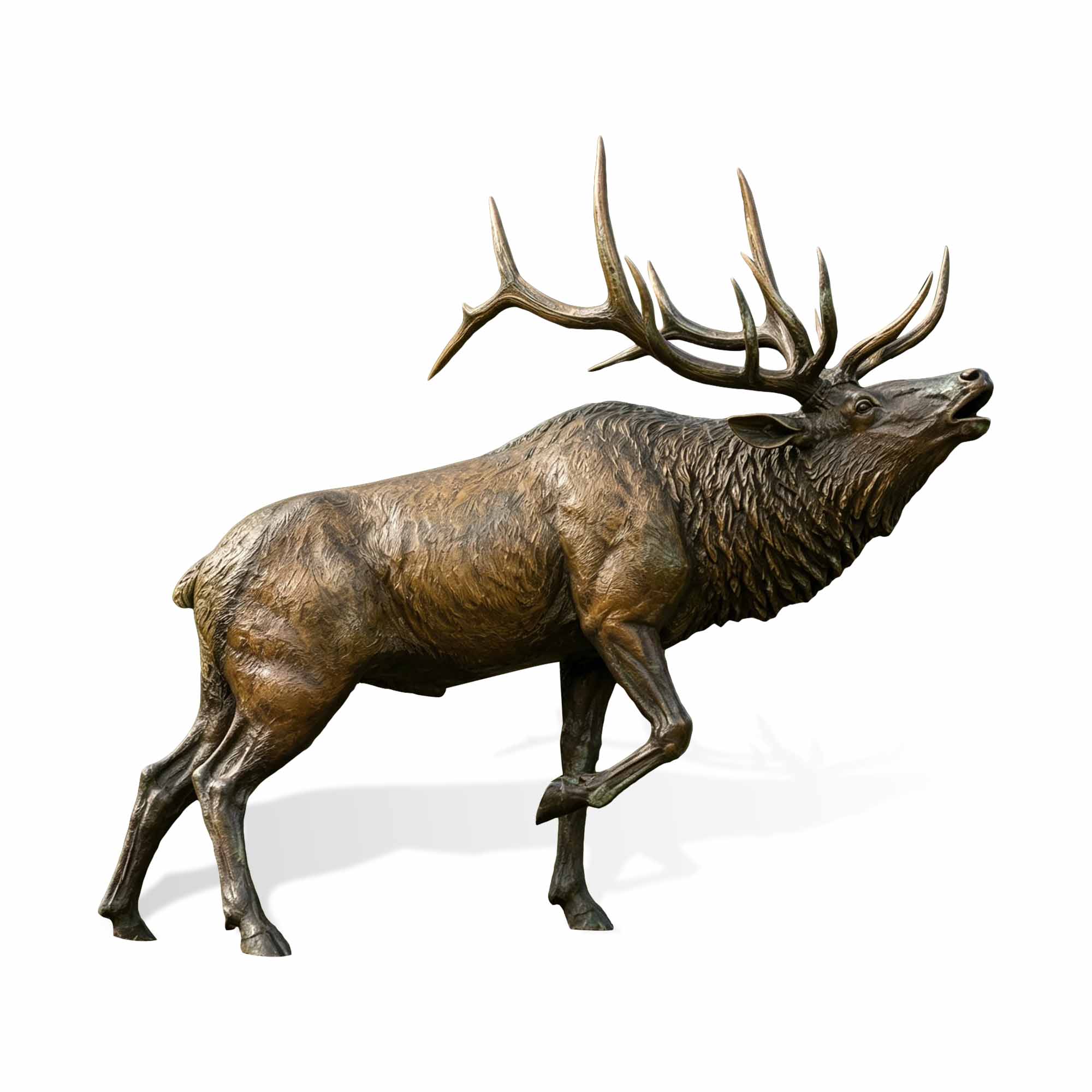 Life size bronze elk statue featuring detailed antlers, realistic fur texture and dynamic walking pose, handcrafted wildlife animal sculpture for outdoor garden and landscape decoration