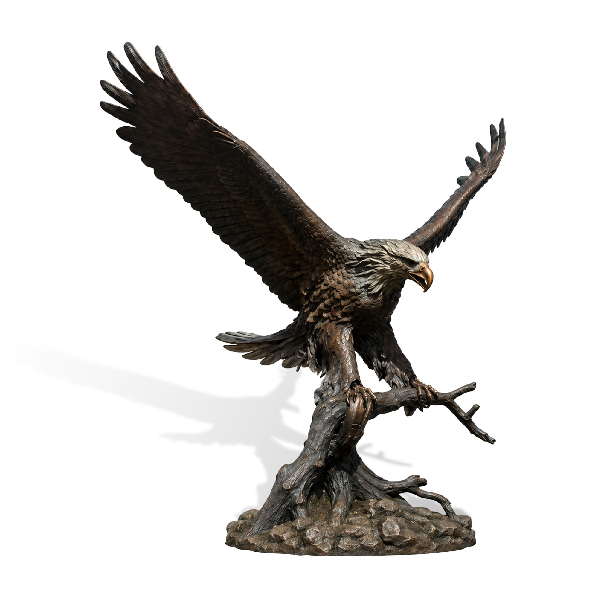 Front view of a dark antique bronze eagle sculpture with wide-spread wings, sharp talons, and a rugged natural tree branch base against a white background.