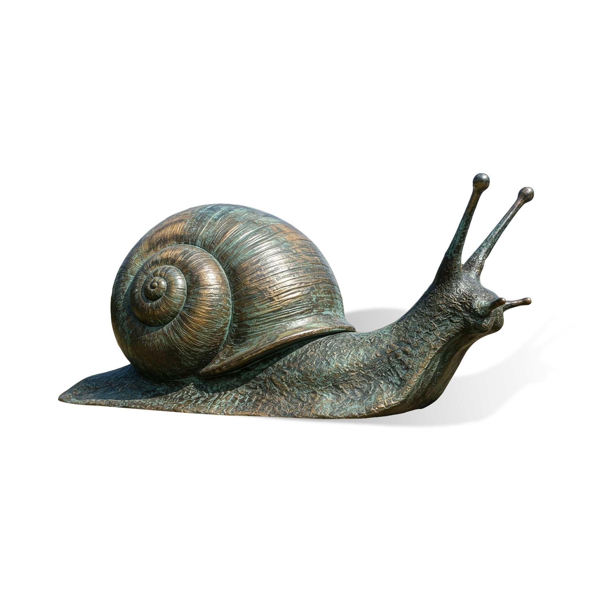Front view of a verdigris bronze snail sculpture featuring a textured spiral shell, bumpy body, and raised eyestalks against a white background.