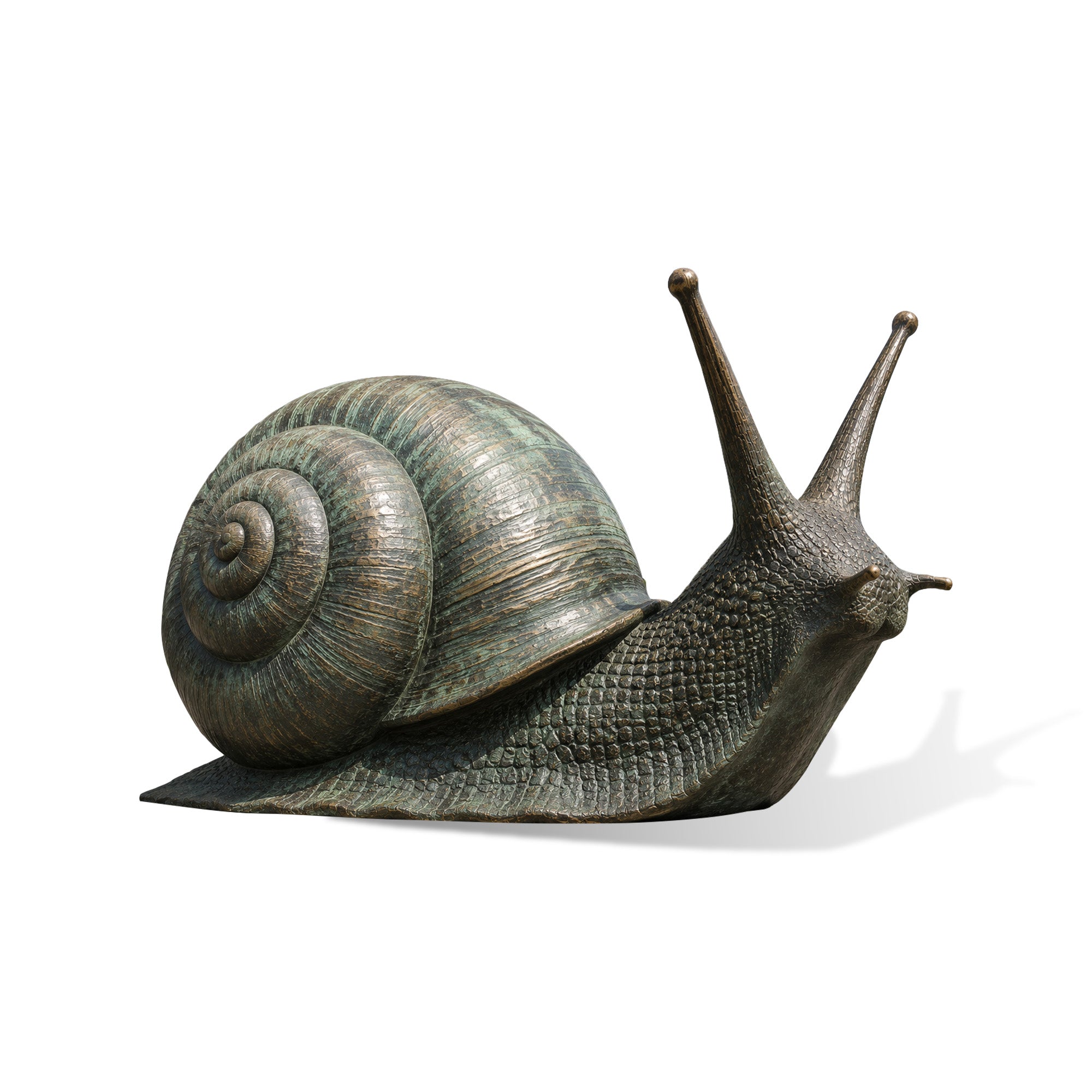 Front view of a verdigris bronze snail sculpture featuring a deeply ridged spiral shell, tall raised eyestalks, and a distinct grid-textured body.