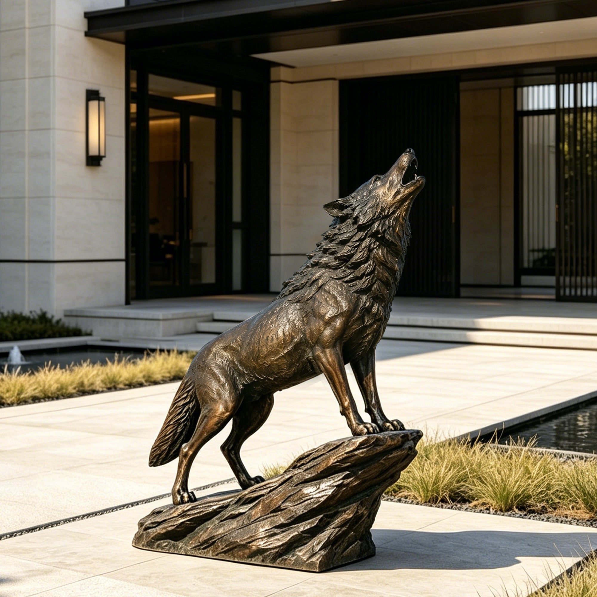 Bronze howling wolf sculpture standing on a rock base, detailed wildlife statue for outdoor garden and landscape decoration