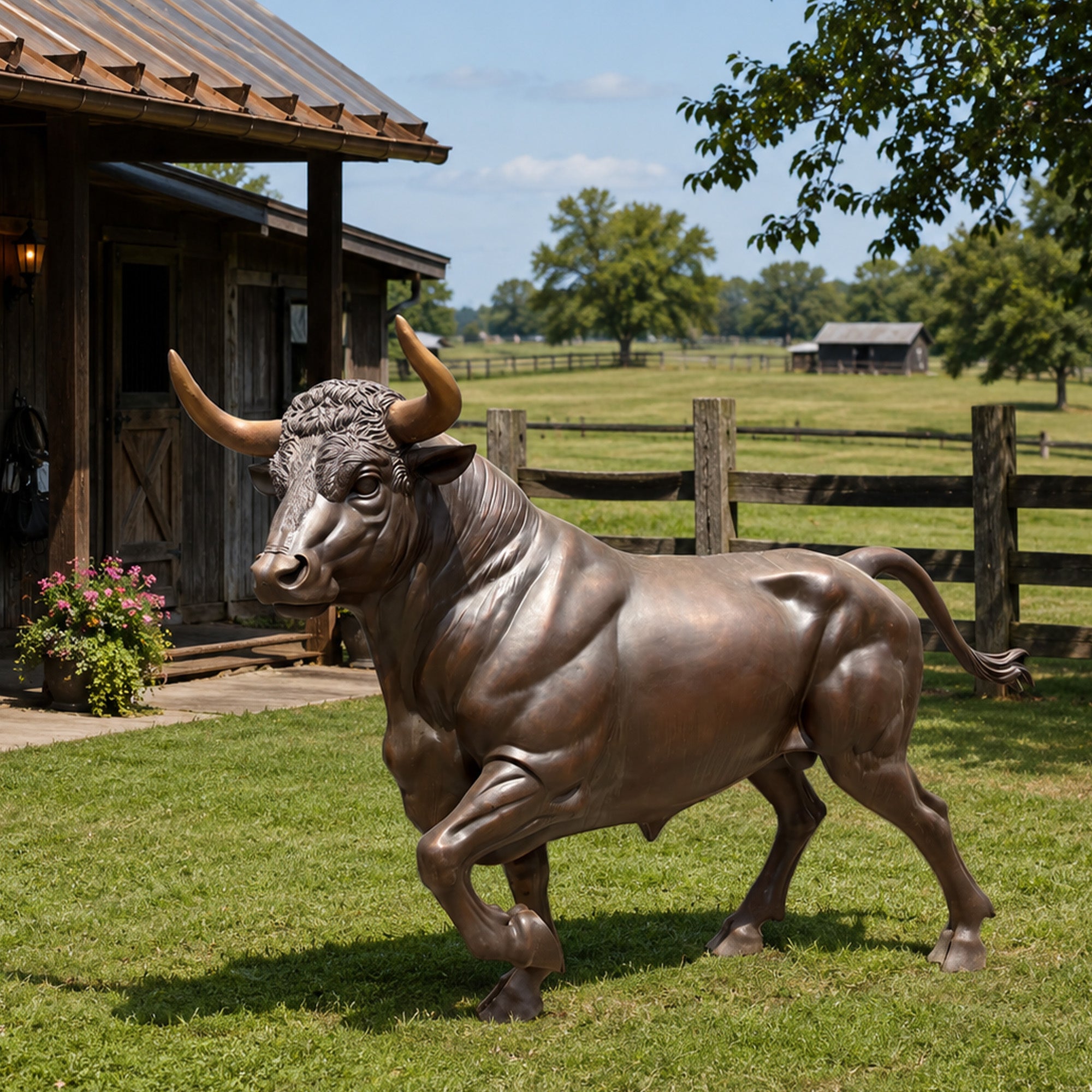 Bronze bull statue placed in an outdoor landscape setting, showcasing realistic details and a powerful animal sculpture design