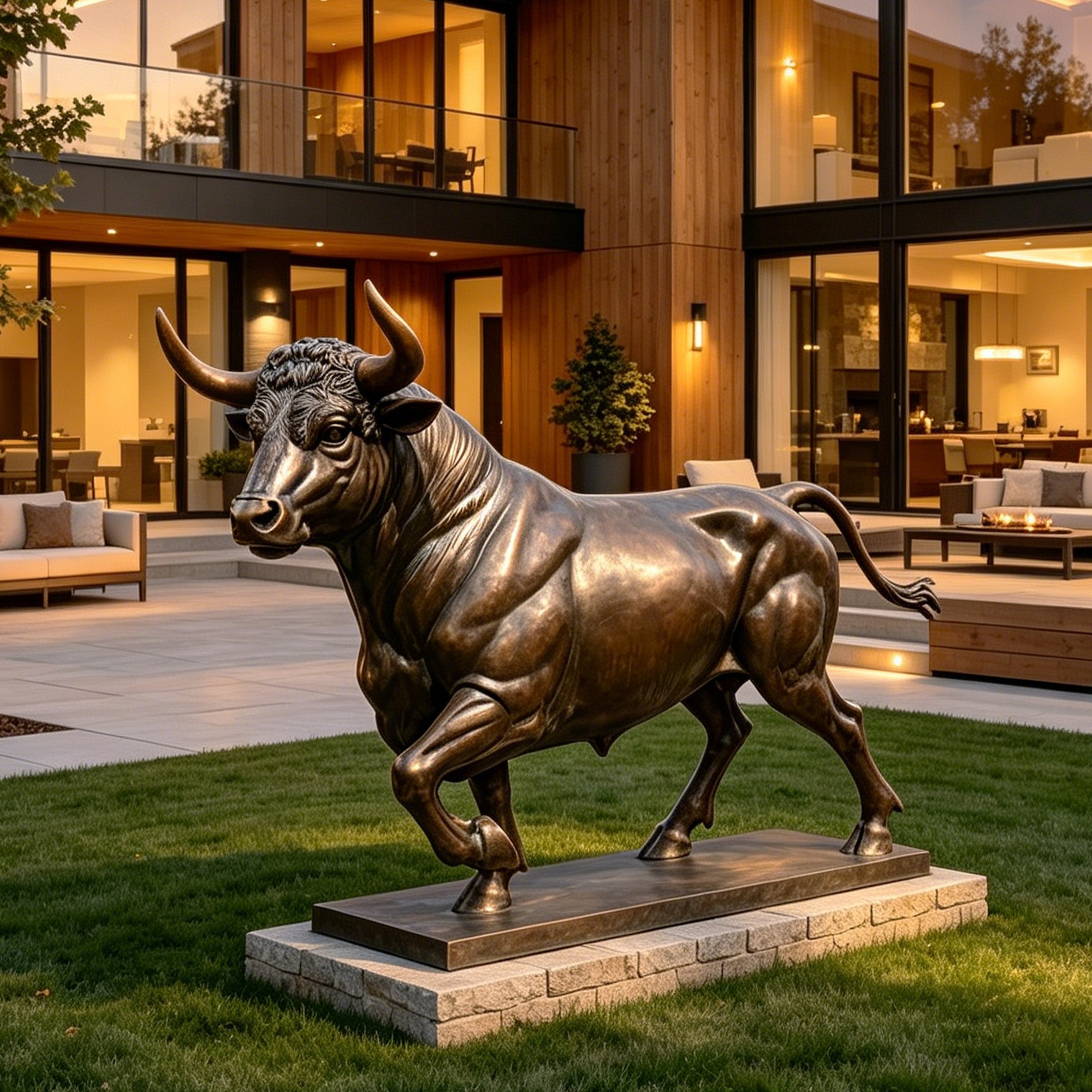 Bronze charging bull sculpture displayed in a modern outdoor garden, featuring powerful movement, detailed craftsmanship, and a luxury landscape design