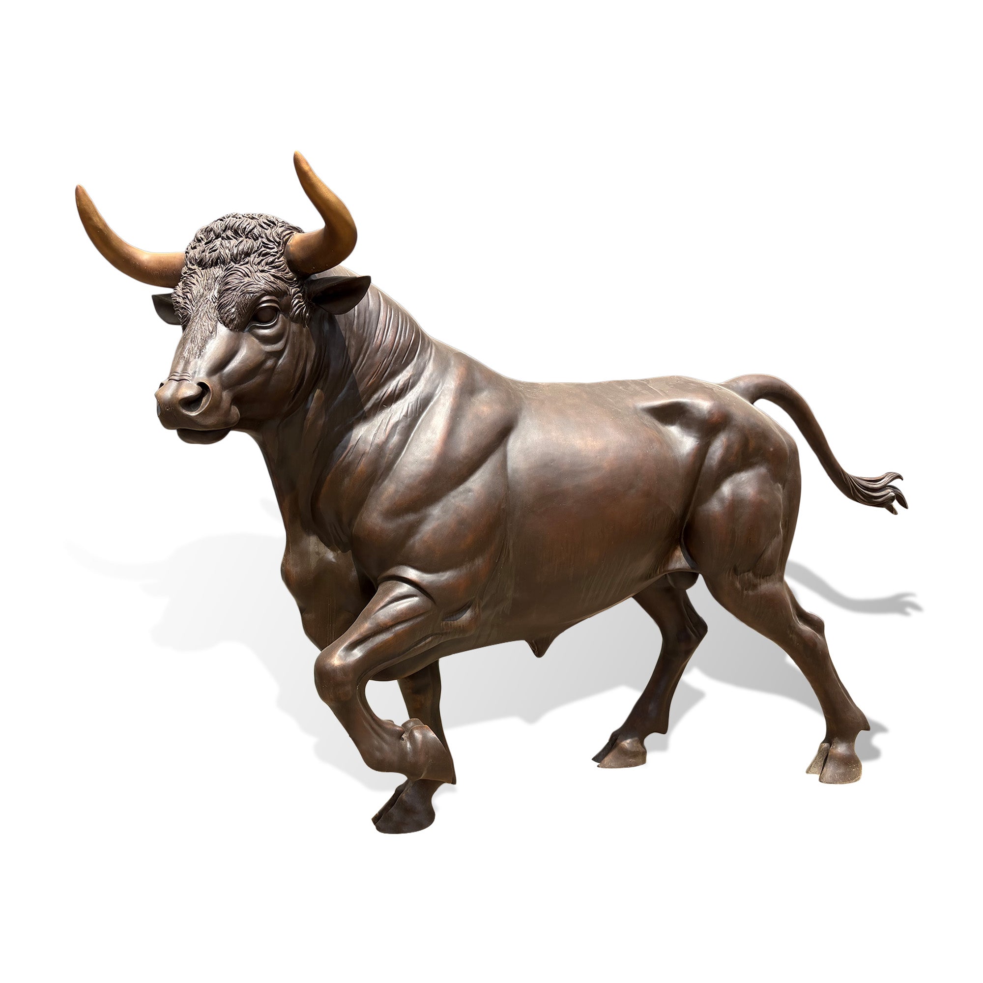 Large bronze bull sculpture featuring detailed horns, strong body shape, and realistic animal design for outdoor landscape decoration