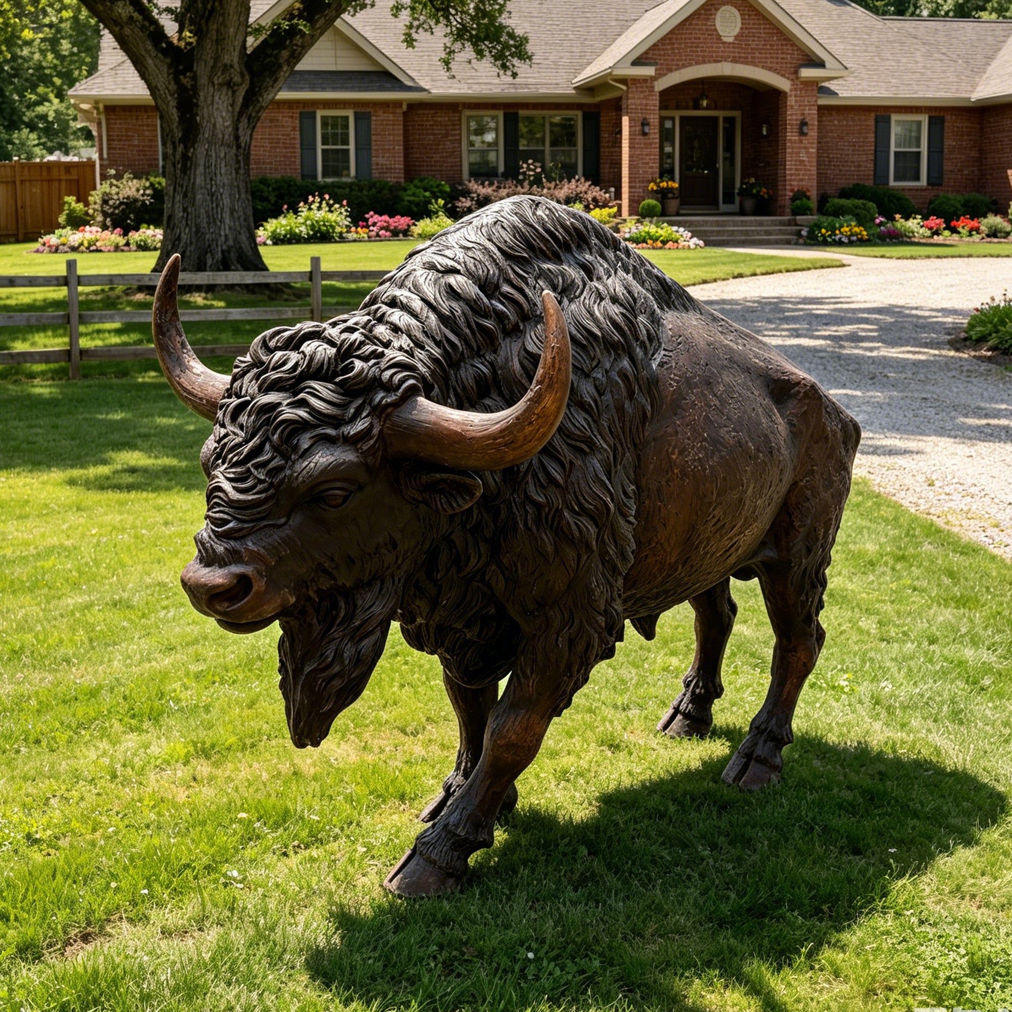 Bronze bison buffalo statue displayed outdoors on a lawn featuring realistic animal design and premium garden sculpture style