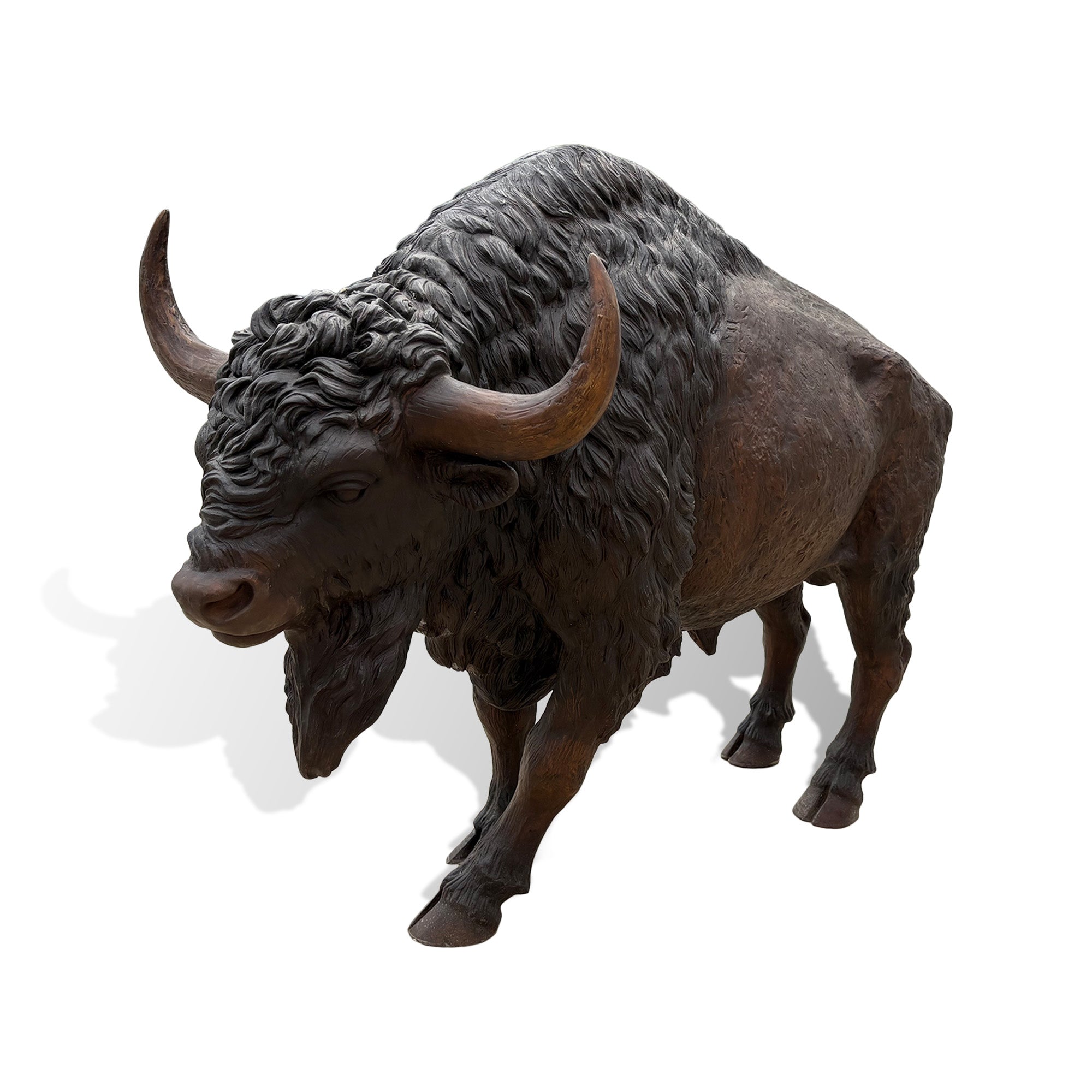 Realistic bronze bison animal sculpture with detailed horns, textured fur, and handcrafted metal artwork for outdoor spaces
