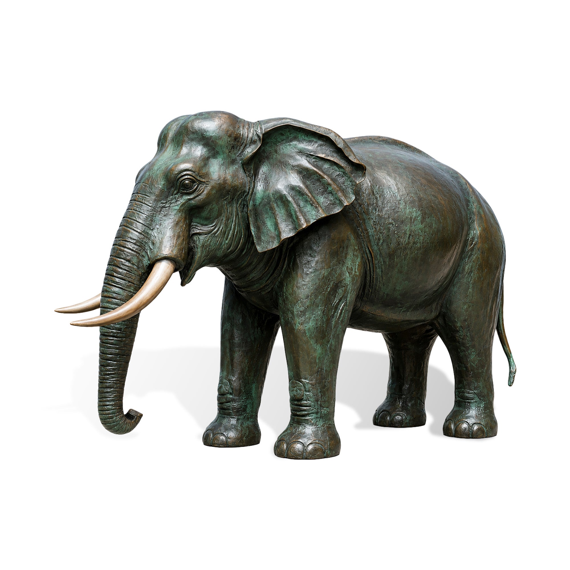 Realistic bronze elephant statue with detailed trunk, tusks, ears, and textured body for luxury garden and outdoor decoration