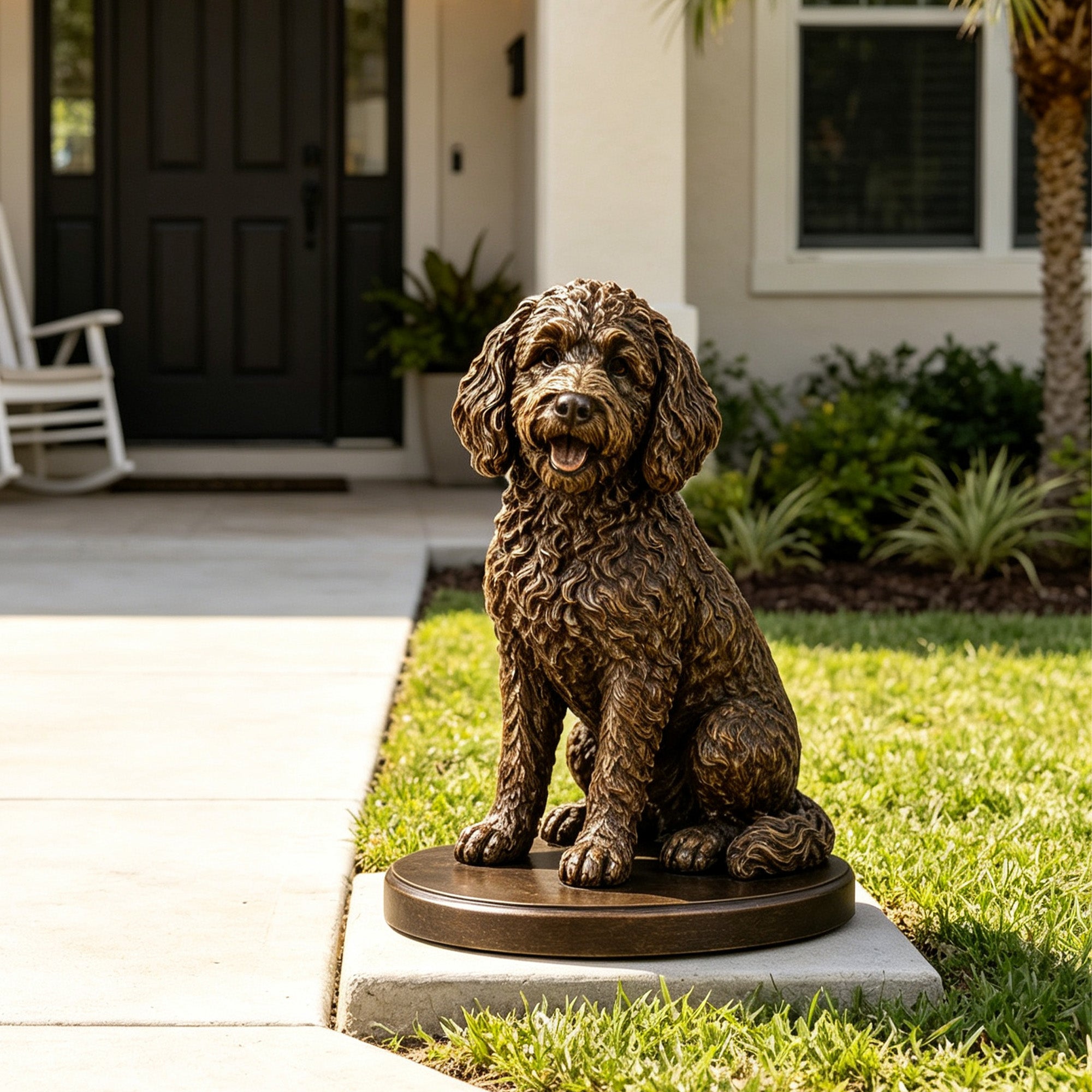 Bronze dog statue displayed outdoors near a modern home, featuring realistic curly fur details, seated pose, and elegant animal sculpture design