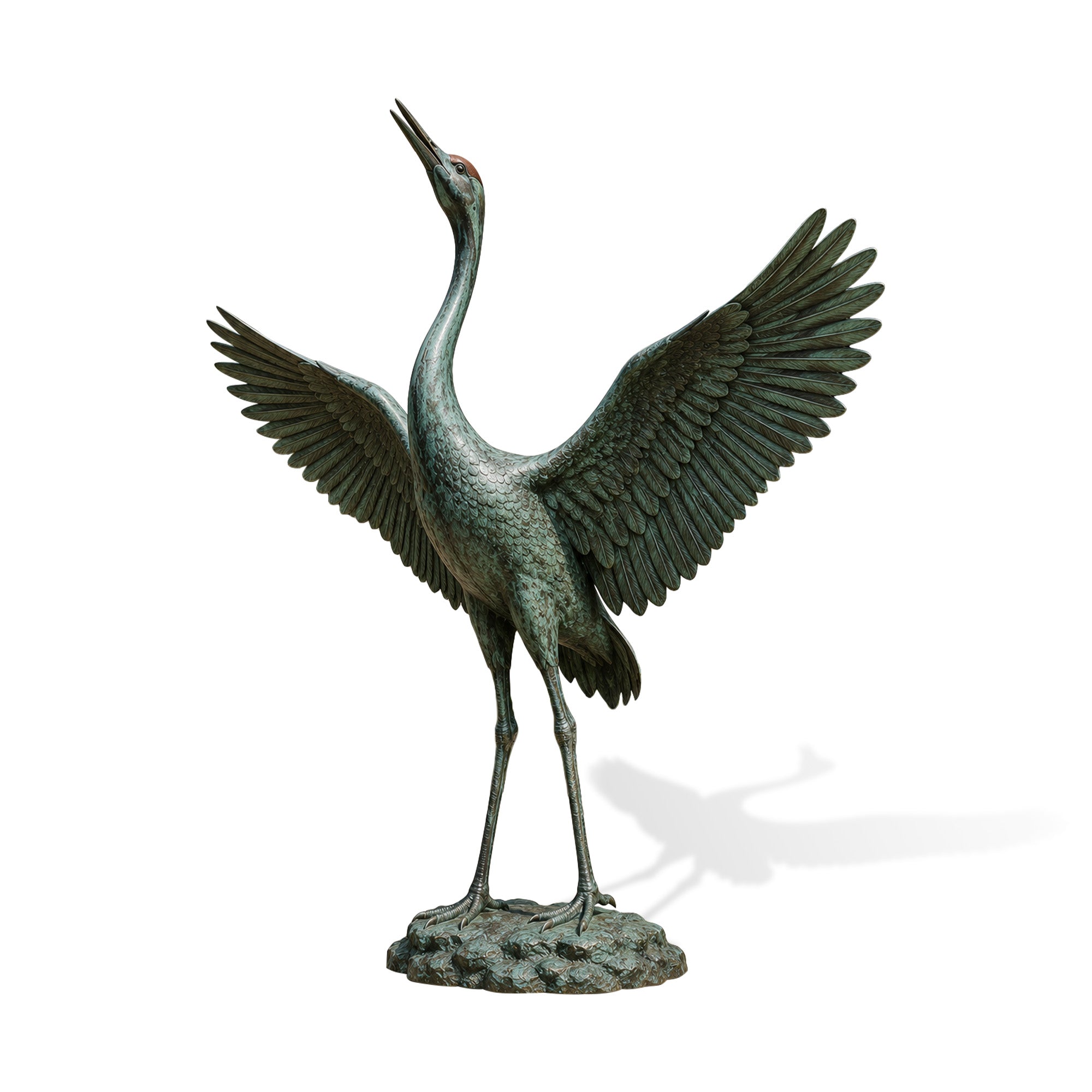 Realistic bronze crane bird sculpture with open wings and intricate feather details, handcrafted metal animal statue for garden, landscape and outdoor decoration