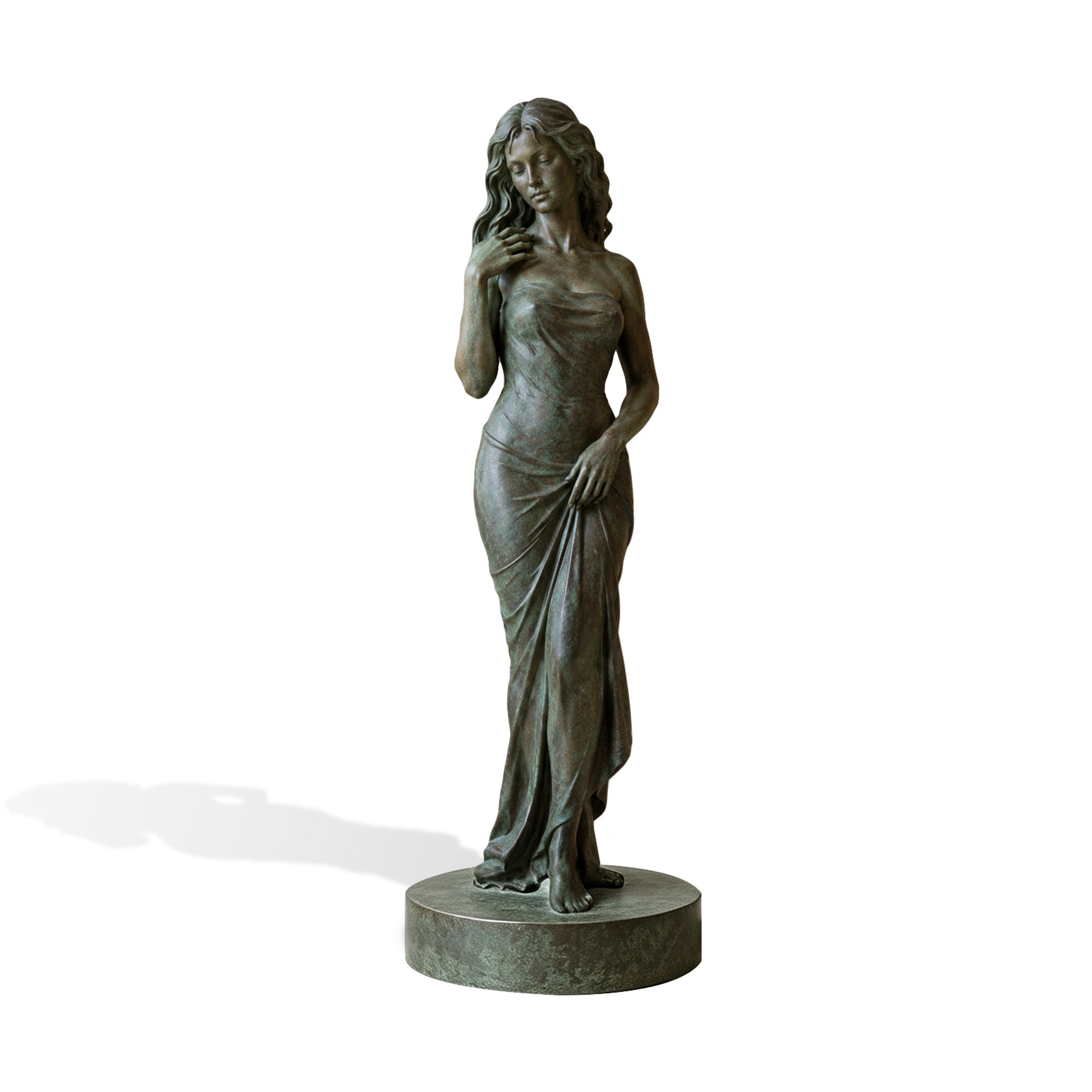 Elegant bronze female figure sculpture with flowing dress details, graceful pose and realistic handcrafted finish, a timeless classical statue for luxury indoor and outdoor decor