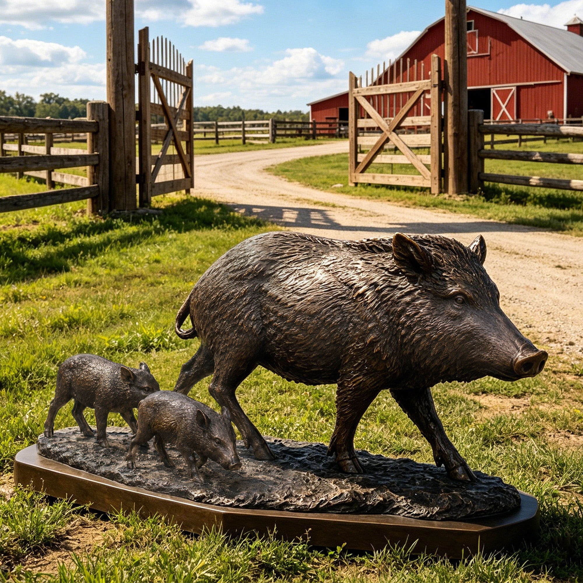 Front view of a bronze wild boar and piglets family sculpture walking on a grassy path, set against a classic red barn and rustic wooden gate on a country farm.
